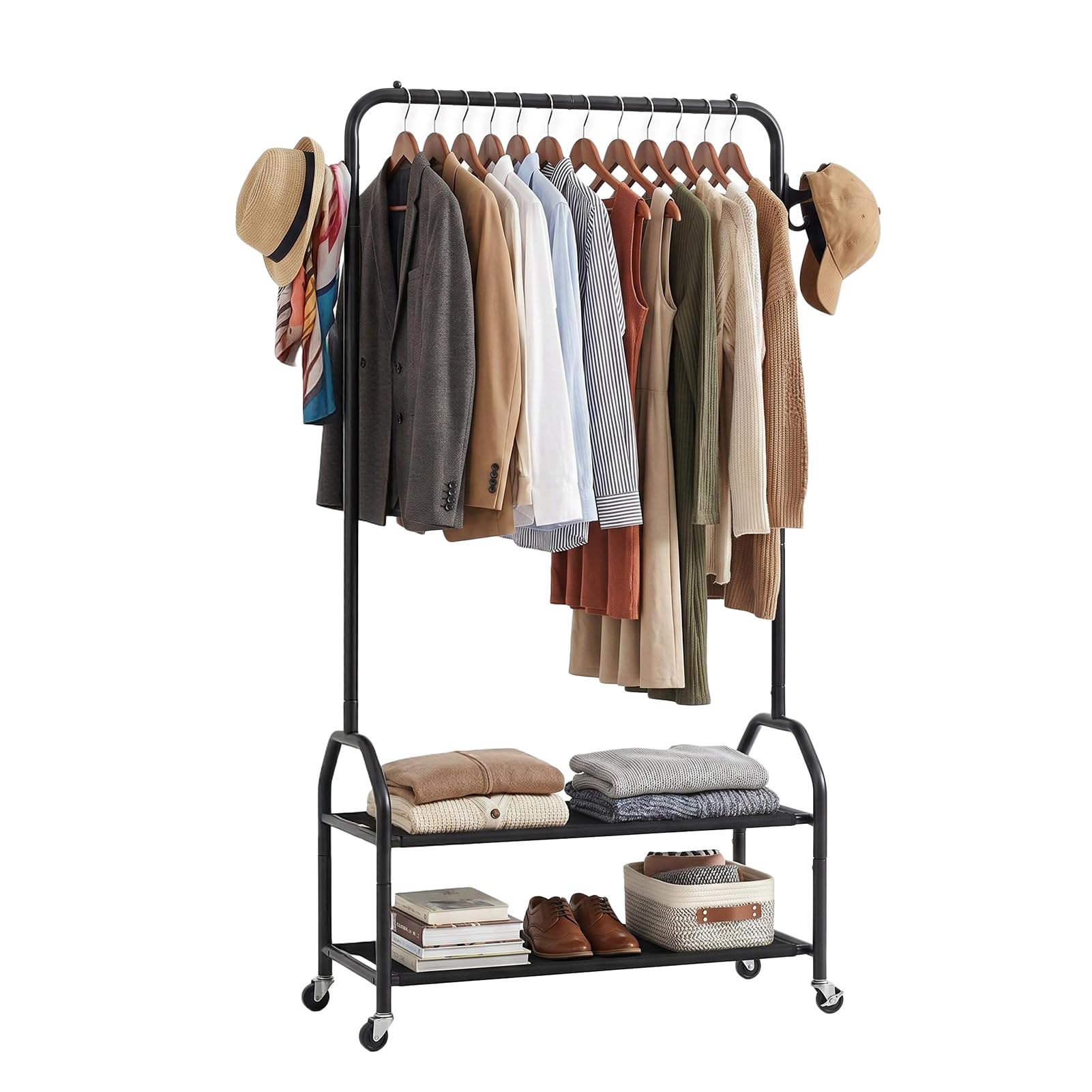 Clothes Rack with 2 Tier Shelves, Rolling Garment Rack