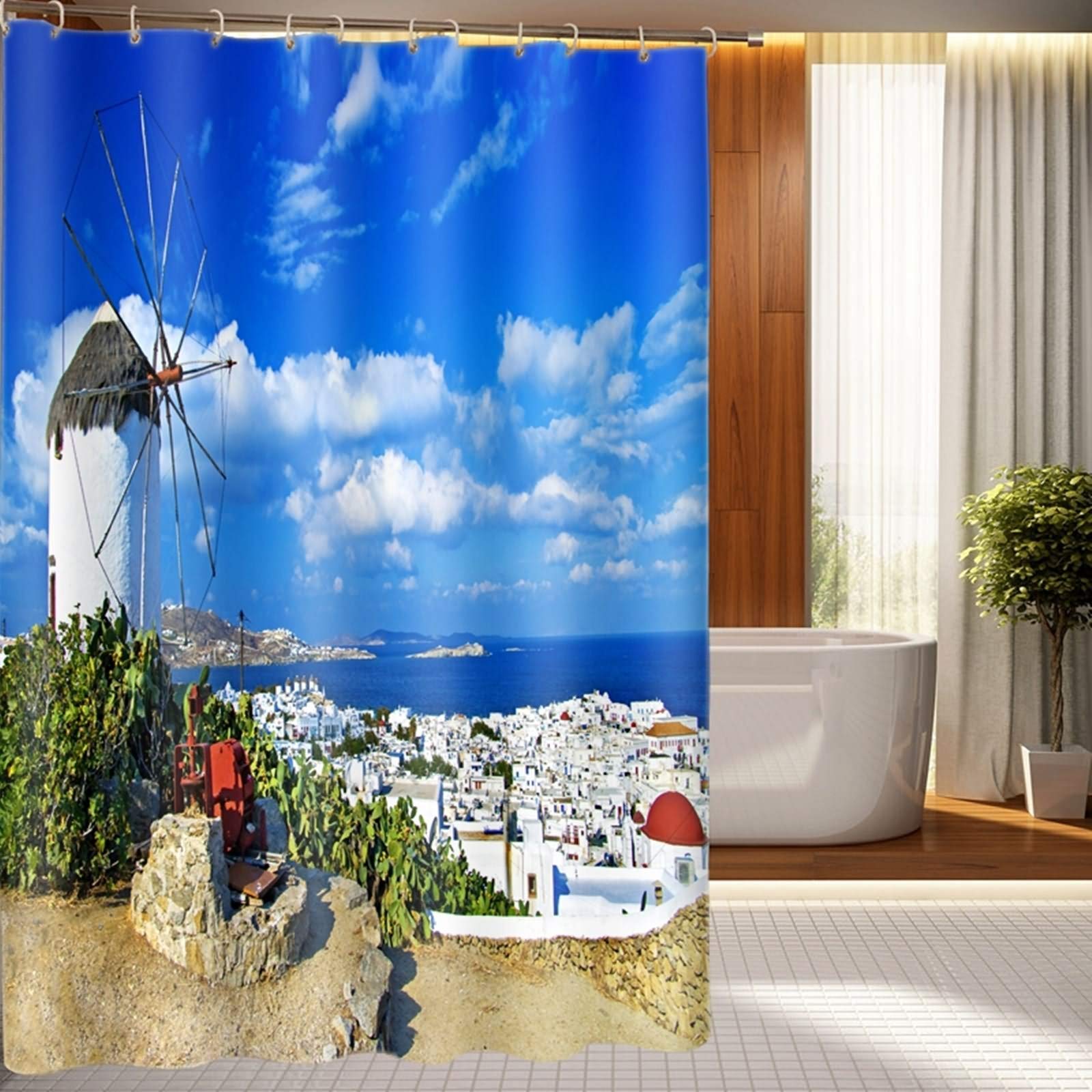 Rideau de douche japonais KnSam 200x180 ville balnéaire moulin vent blanc bleu 3D