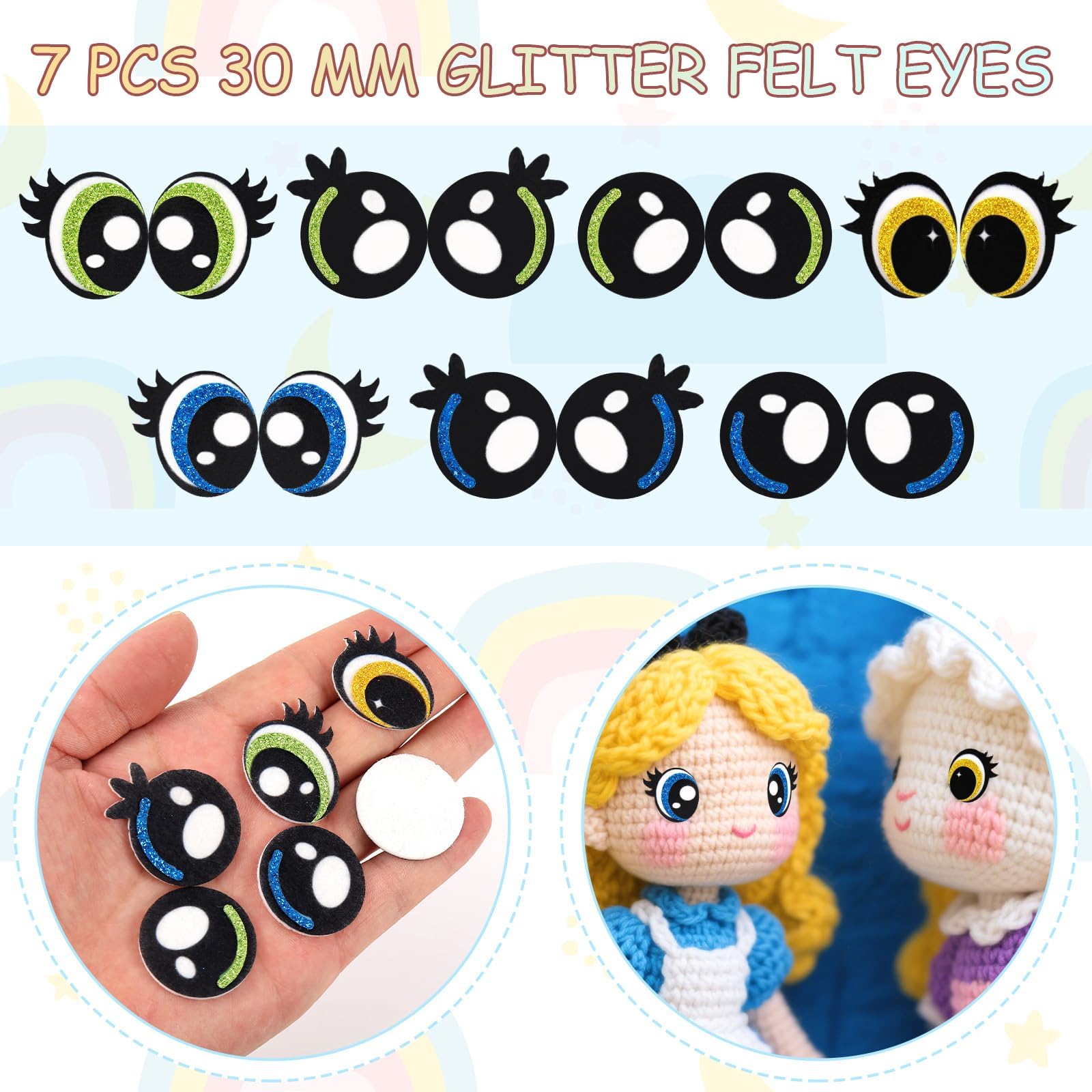 MUCUNNIA 7 Pairs 30mm Glitter Round Felt Eyes for Amigurumi with Lashes, Heart Felt Eyes for Crafts, Felt Eyes for Crochet Animals, Kawaii Eyes for Amigurumi Puppet Teddy Bear Crochet Toy Plush Animal
