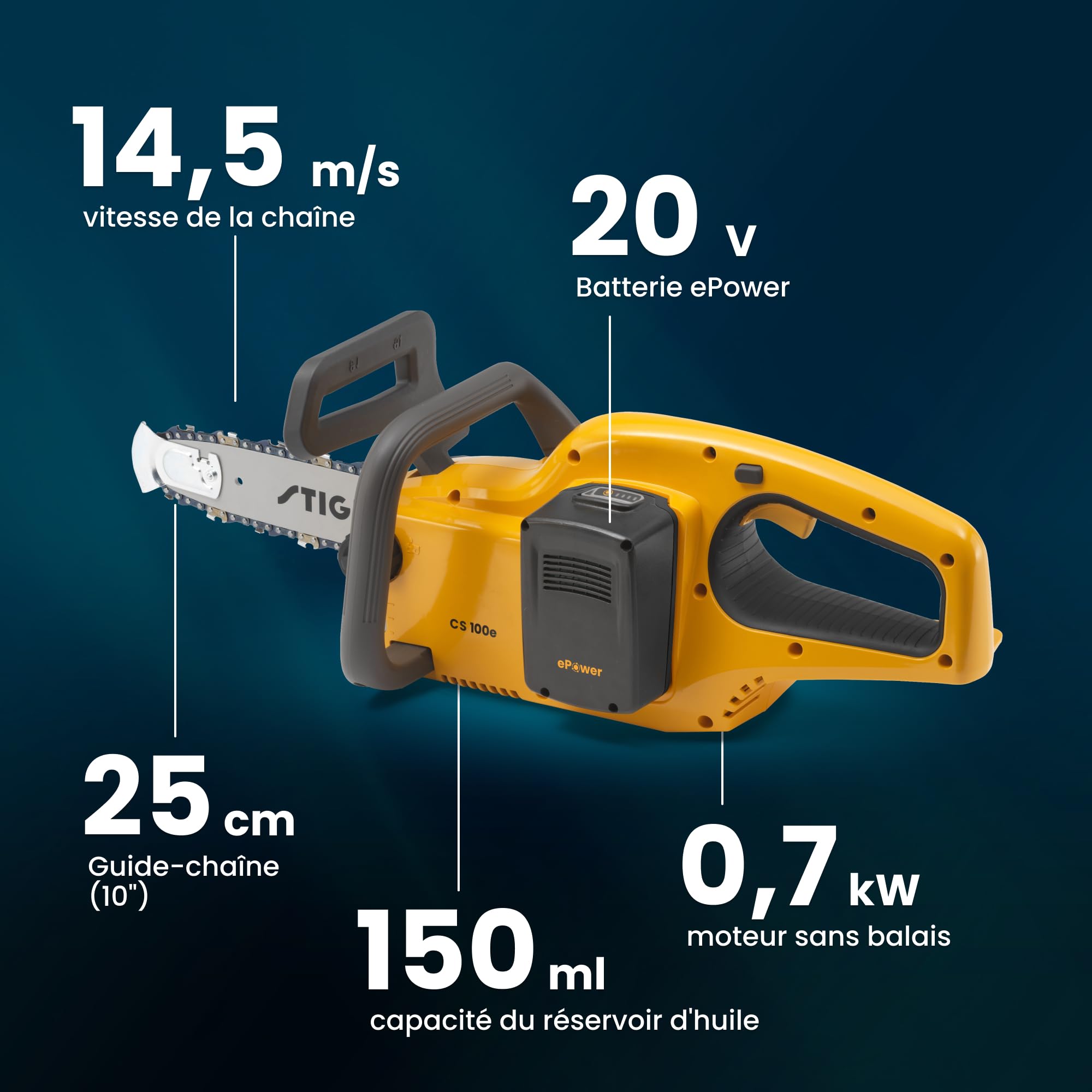 STIGA CS 100e Kit Tronçonneuse Sans Fil, 20 V, 25 cm – Tension Rapide de Chaîne, Frein Inertiel – Élagage et Coupe de Bûches