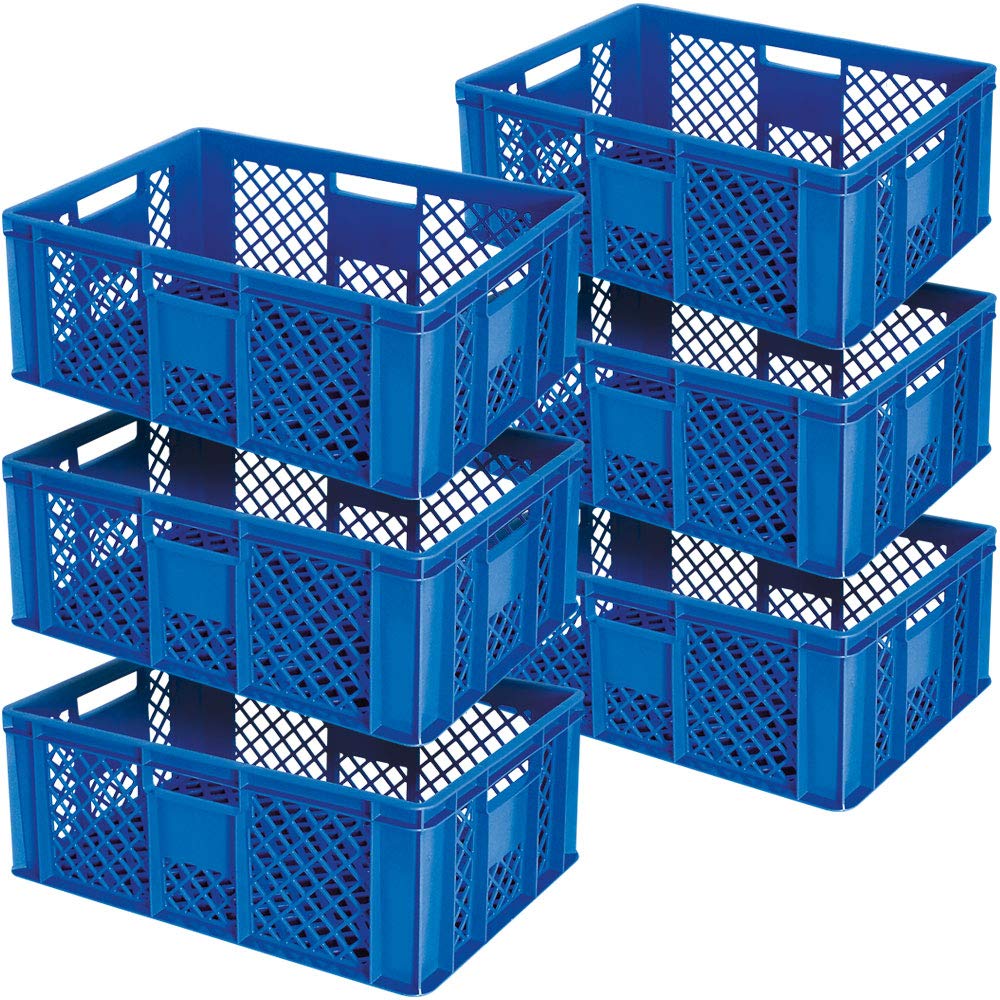Juego de 6 cestas perforadas y apilables, calidad industrial, aptas para alimentos, 600 x 400 x 240 mm, color azul