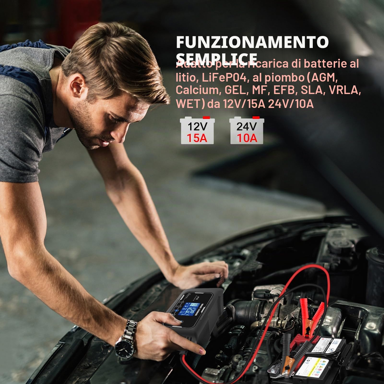 HTRC Caricabatteria auto 12 V/15 A & 24 V/10 A, caricabatterie per batterie auto, moto, tosaerba, barca, litio, LiFePO4, acido piombo (AGM, gel, MF, EFB, SLA, VRLA ecc.)