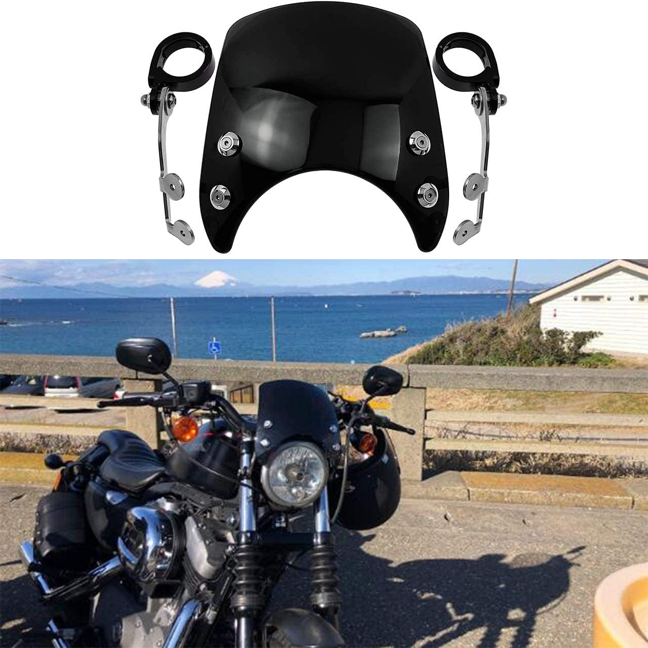 HDBUBALUS Motorcycle Windshield Windscreen,1.57‘’ Fork Mount 5.9‘’ Round-Headlight For Harley Sportster 883 XL883 1200 Custom XL1200 Low（Black）