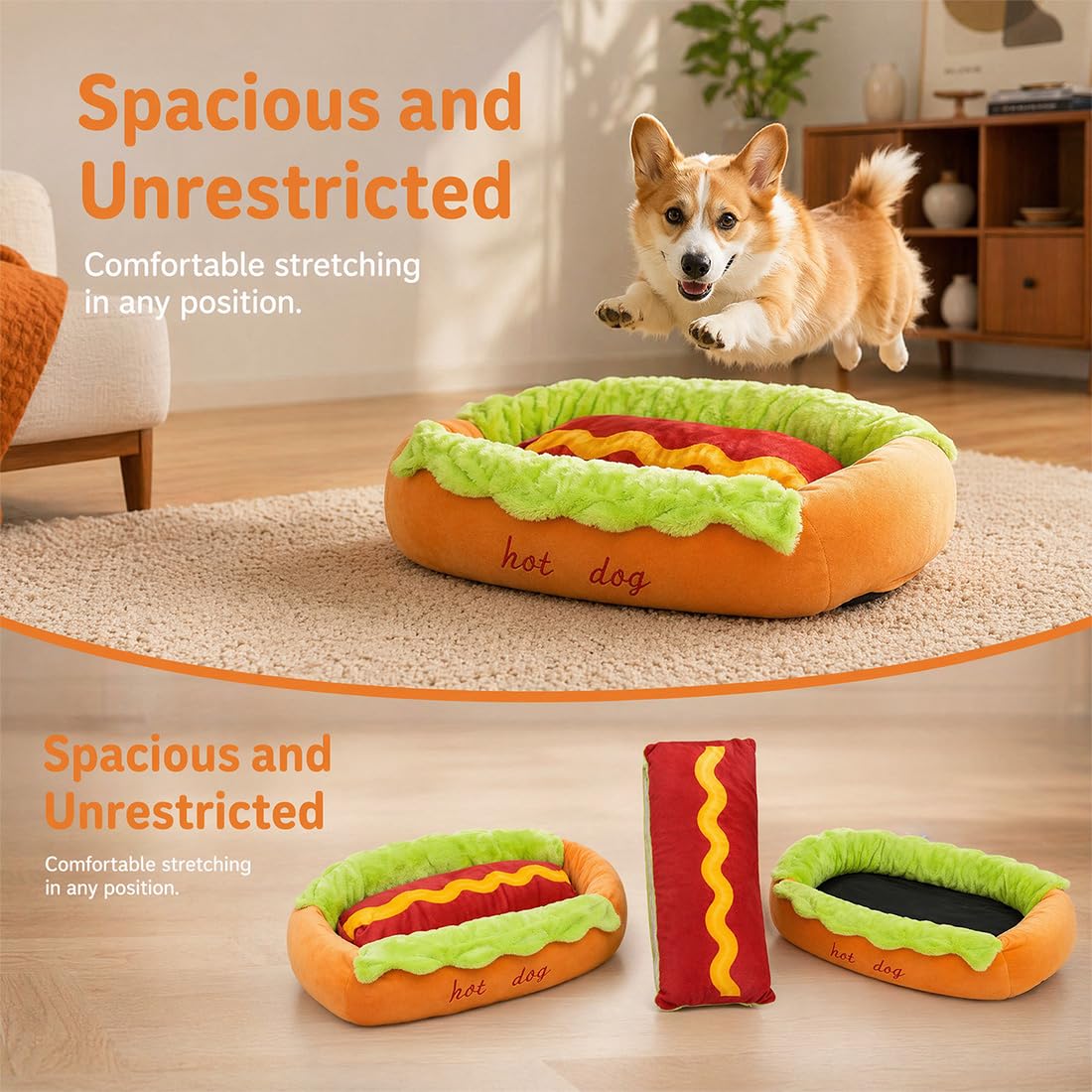 Cama Hot Dog para Perro Salchicha, Sofá de Peluche en Forma de Pan para Perros Pequeños y Gatos, Colchoneta Extraíble Lavable y Base Antideslizante (Hot Dog Bed,XL)