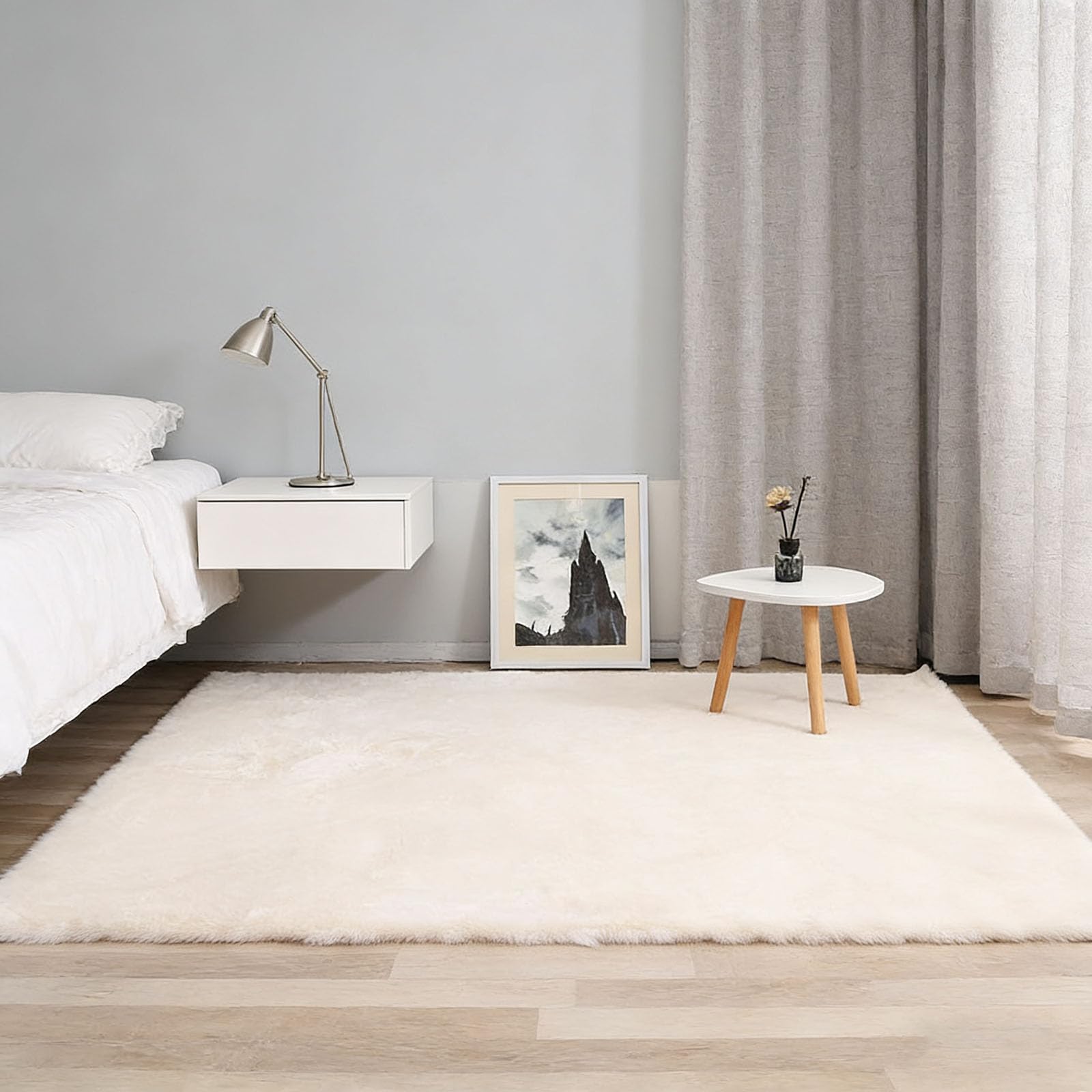 Tapis de salon lavable blanc cassé 210x220 cm en fausse fourrure