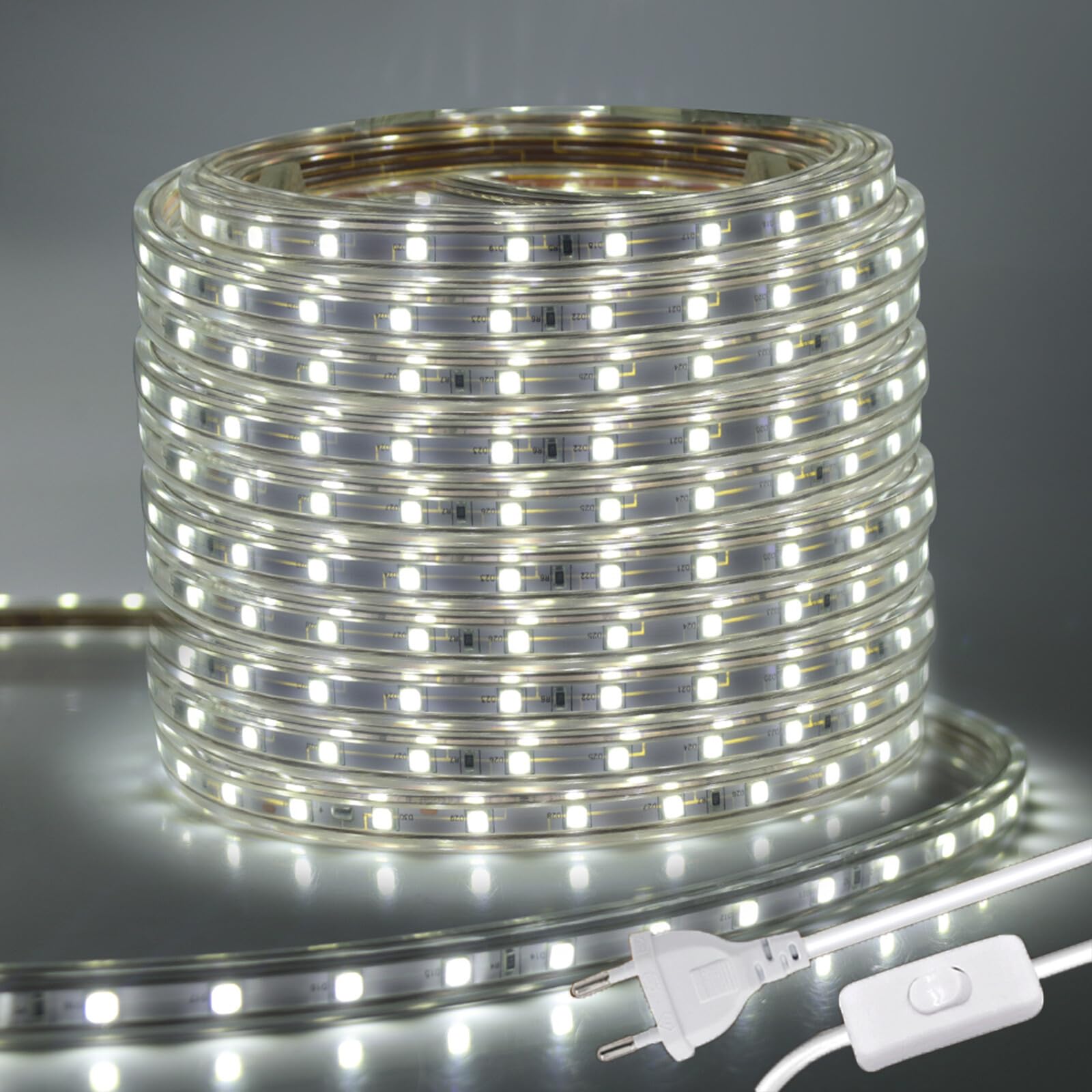 Tira LED 220V con encendido/apagado [30M, Blanco 6000-6500K],IP67 impermeable flexible,SMD5050,60 LEDs/m Guirnaldas luminosas CRI85+,decoración para cocinas,dormitorios,techos y tiendas