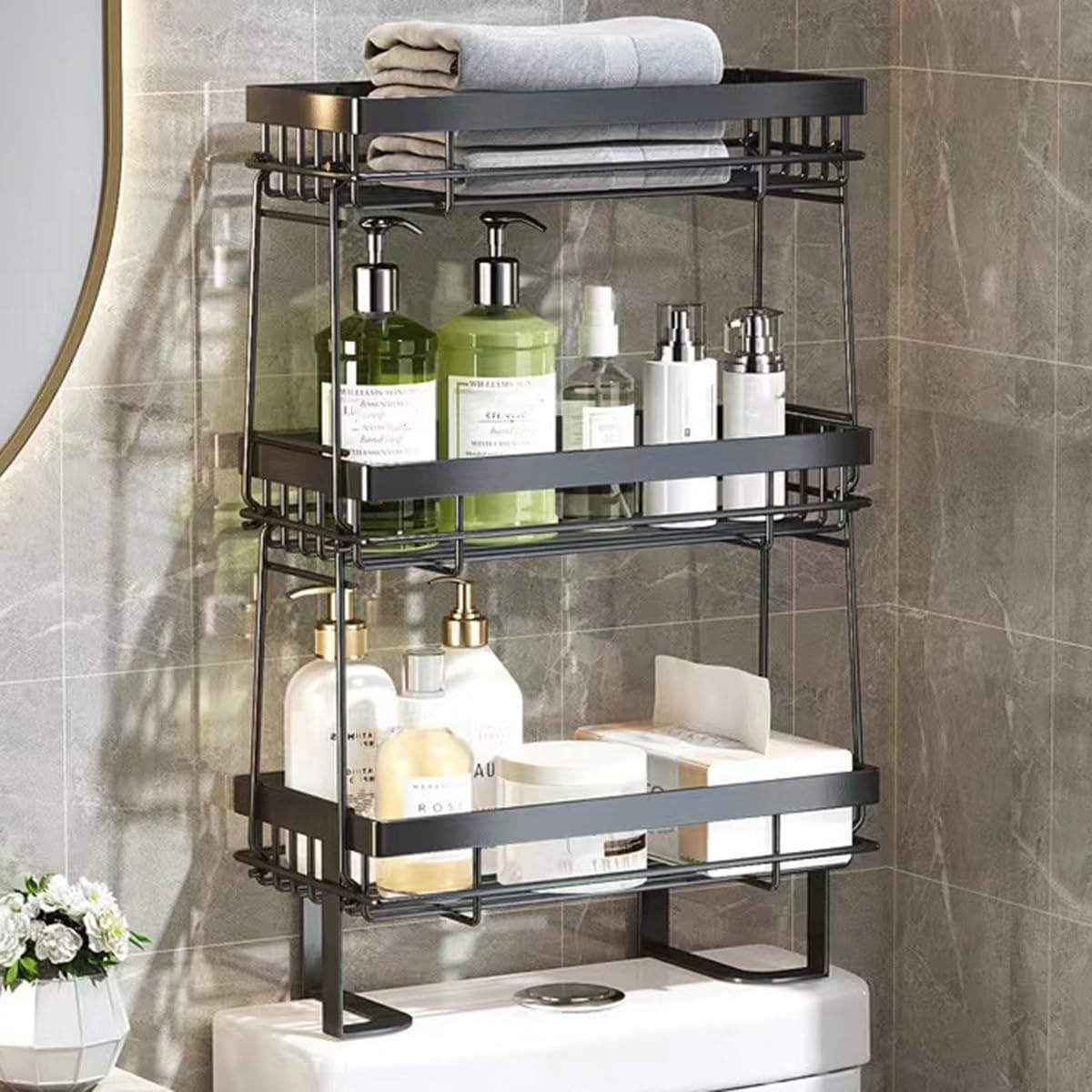 Over Toilet Bathroom Organizer, Bathroom Storage Over The Toilet Storage Shelf, Toilet Tank Basket, Over Toilet Organizer, 3-Tier Bathroom Shelf Over Toilet Black (Color : /White) (/Black One Size)