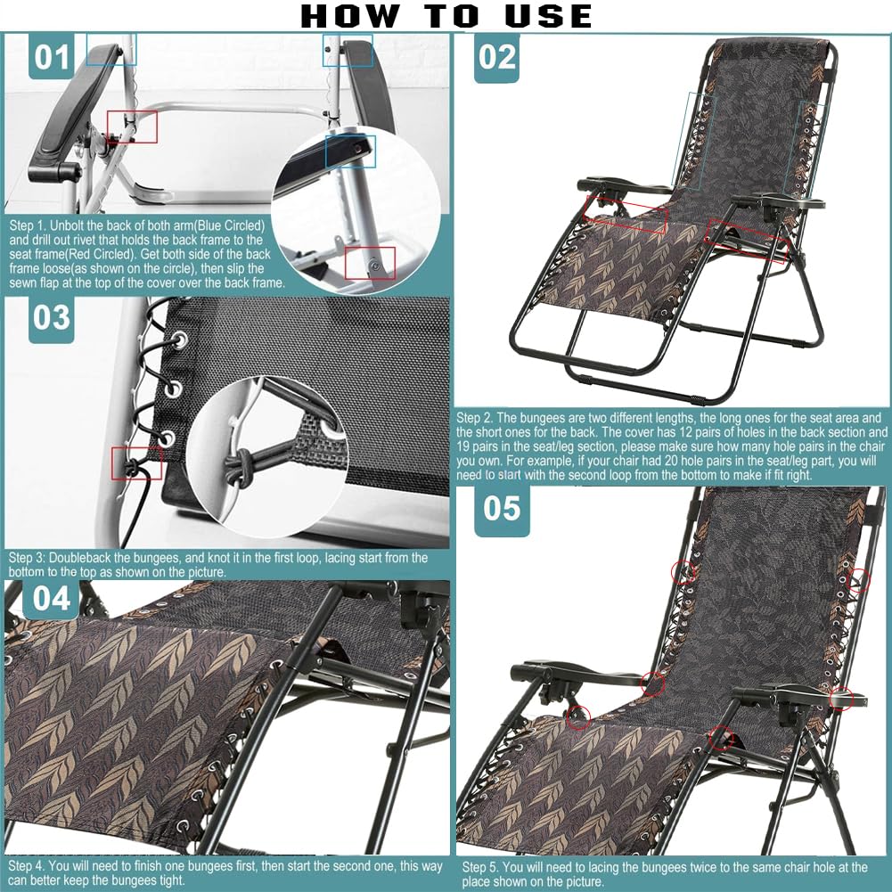 Silla de gravedad cero de repuesto de tela antigravedad con 4 cuerdas elásticas de encaje para reparación de patio reclinables para jardín, césped, tumbonas para exteriores, color marrón 6