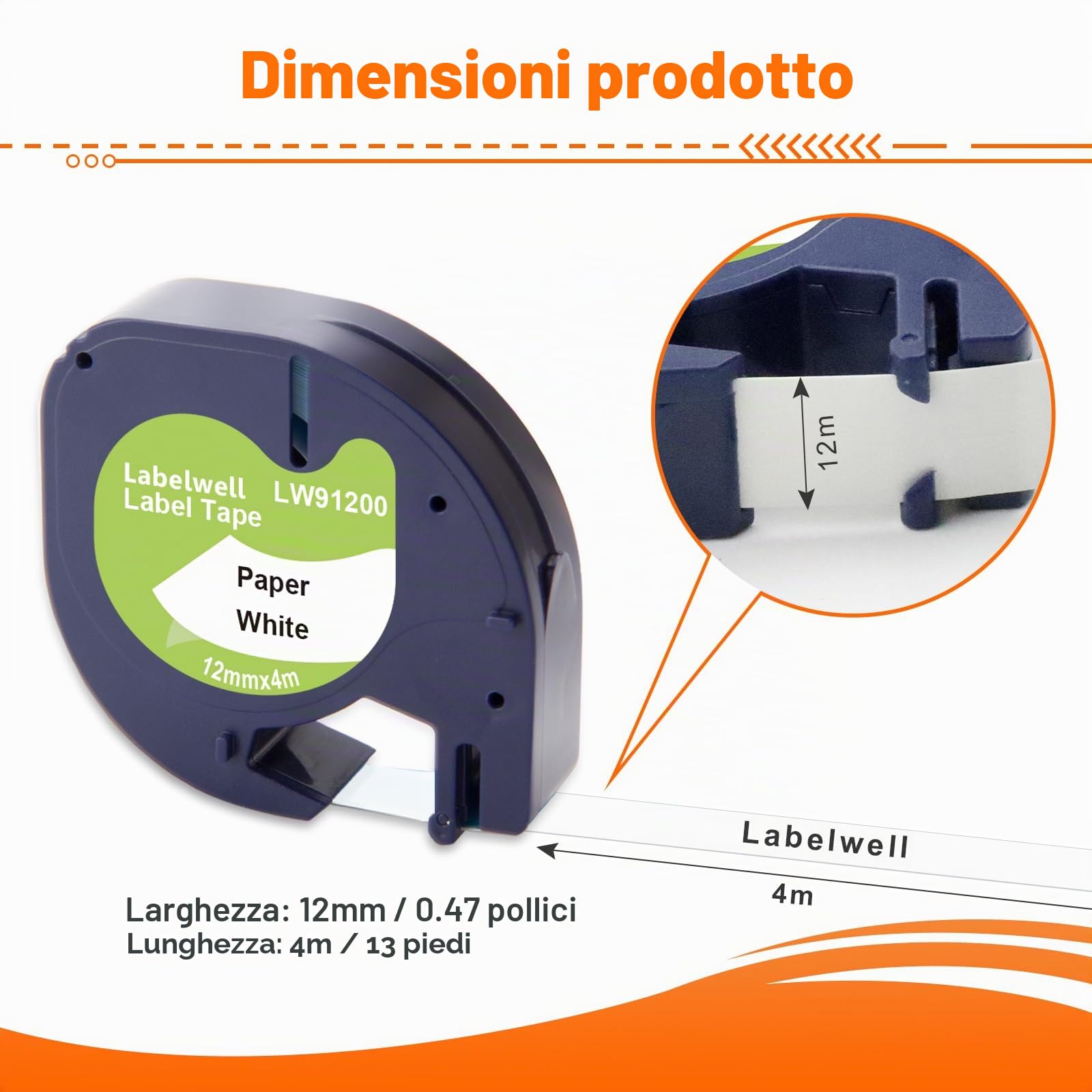 Labelwell 20x Compatibile per Dynmo 91220 91200 Nastro per Etichette Carta 12mm X 4m Nero Su Bianco Compatibile per Dynmo XR Lt-100H Lt-100T LT-110T 200B XM 2000 QX50 80 Etichettatrice