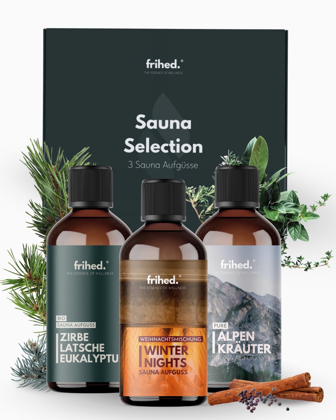 frihed.® Saunaaufguss Selection Hüttenzauber - Hochkonzentriertes Kräuter, Holz & Gewürz Sauna Öl - Geschenkset für Saunaliebhaber - 100ml Glasflasche - Made in Lüneburg