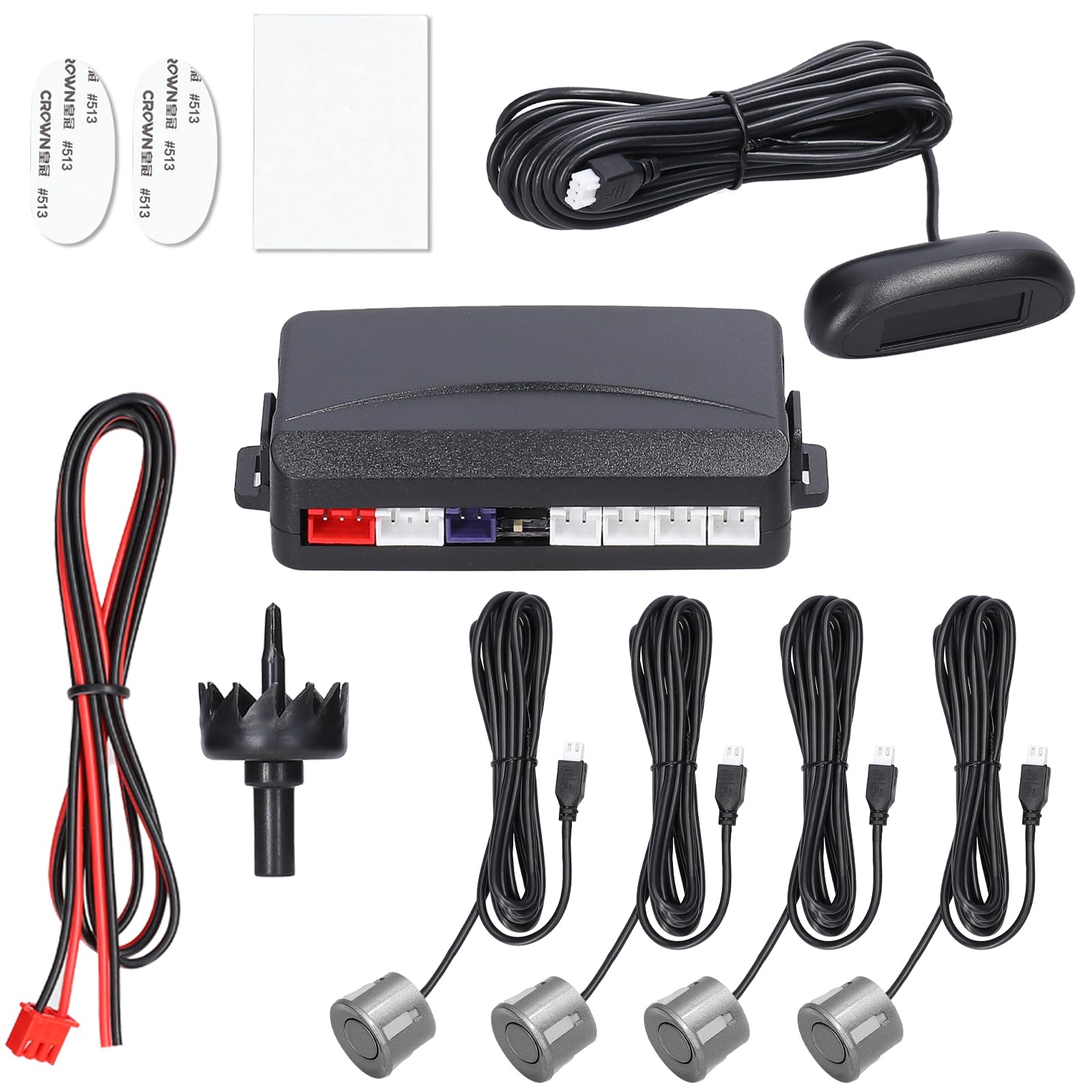 4 sensores de aparcamiento, pantalla LCD, sensor de aparcamiento para coche, sistema de marcha atrás, alarma de alarma, función de autodiagnóstico, gris