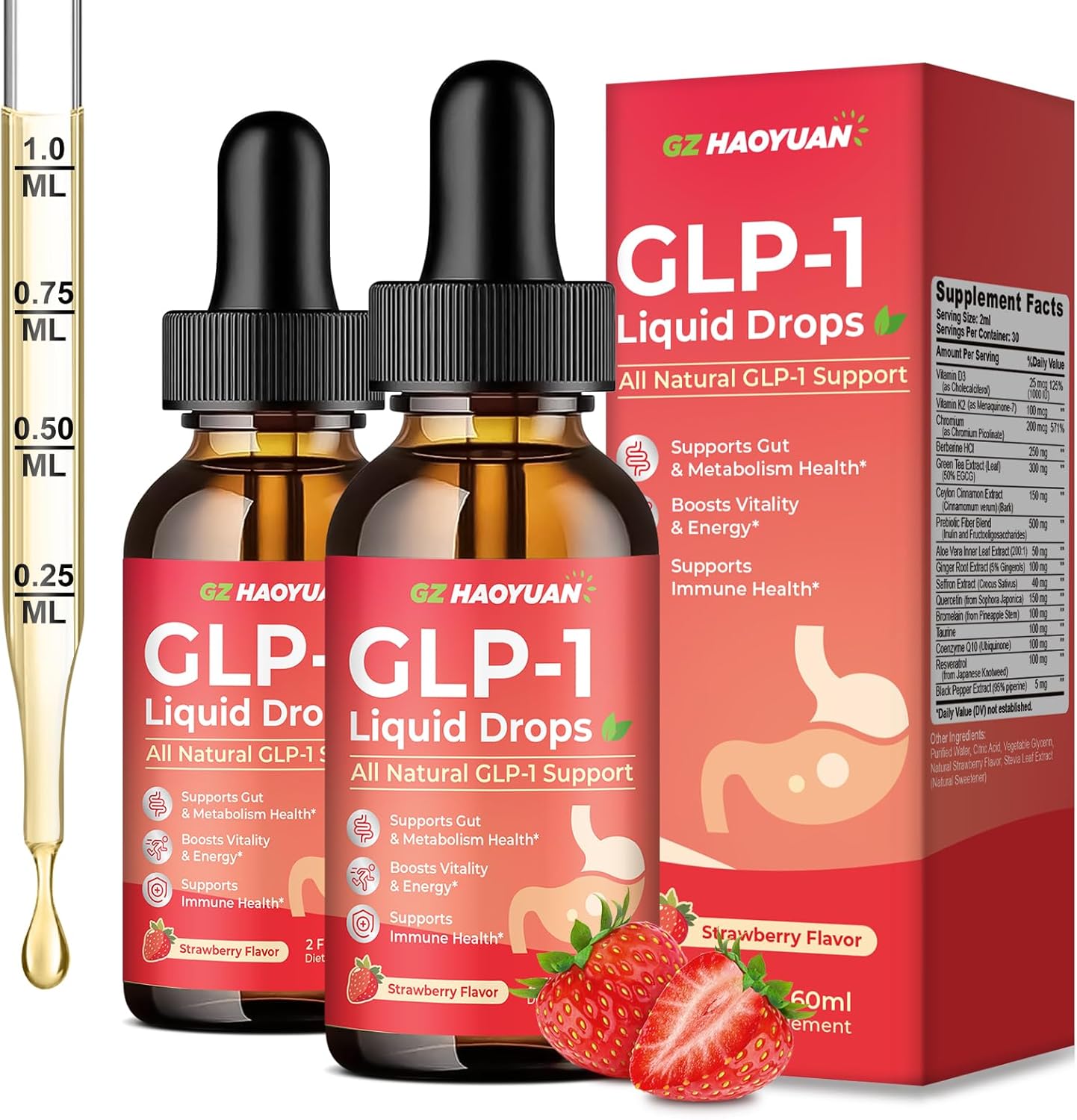 2 Pack GLP-1 Supplement, 16-in-1 GLP-1 Liquid Drops with Berberine, Ceylon Cinnamon, Green Tea, Chromium & Resveratrol, Naturally GLP 1 Support for Metabolism, Gut Digestion, Stawberry Flavor, 4 Fl Oz
