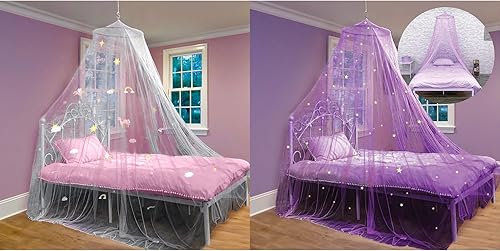 Bollepo Toldo de cama blanco y morado para niñas con unicornios + estrellas brillantes, decoración de habitación de red de cuna de princesa |