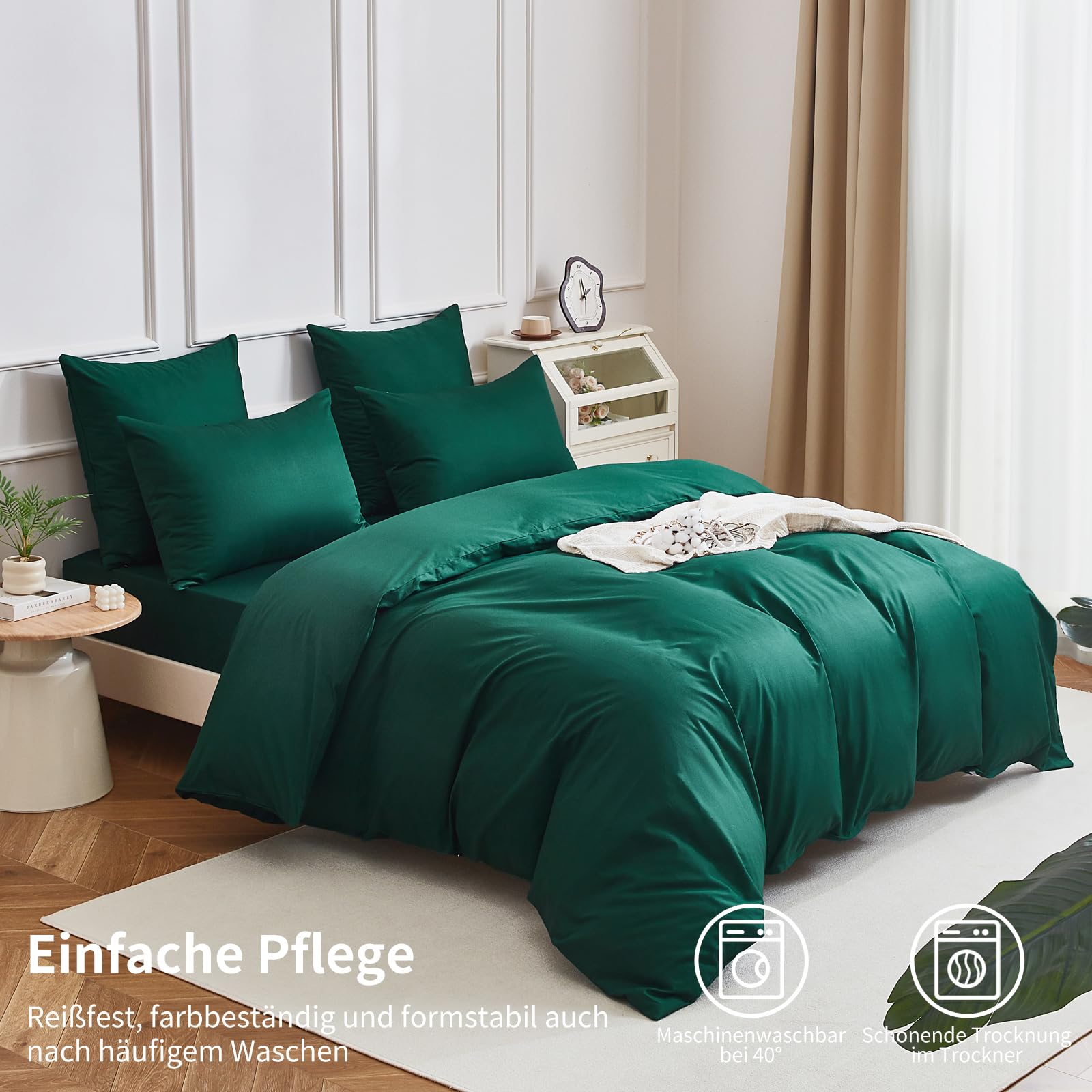 Ropa de cama de 135 x 200 cm, 4 piezas, color verde oscuro, 100 % algodón peinado, refrescante, liso, brillante, suave, transpirable, juego de funda nórdica con cremallera y 2 fundas de