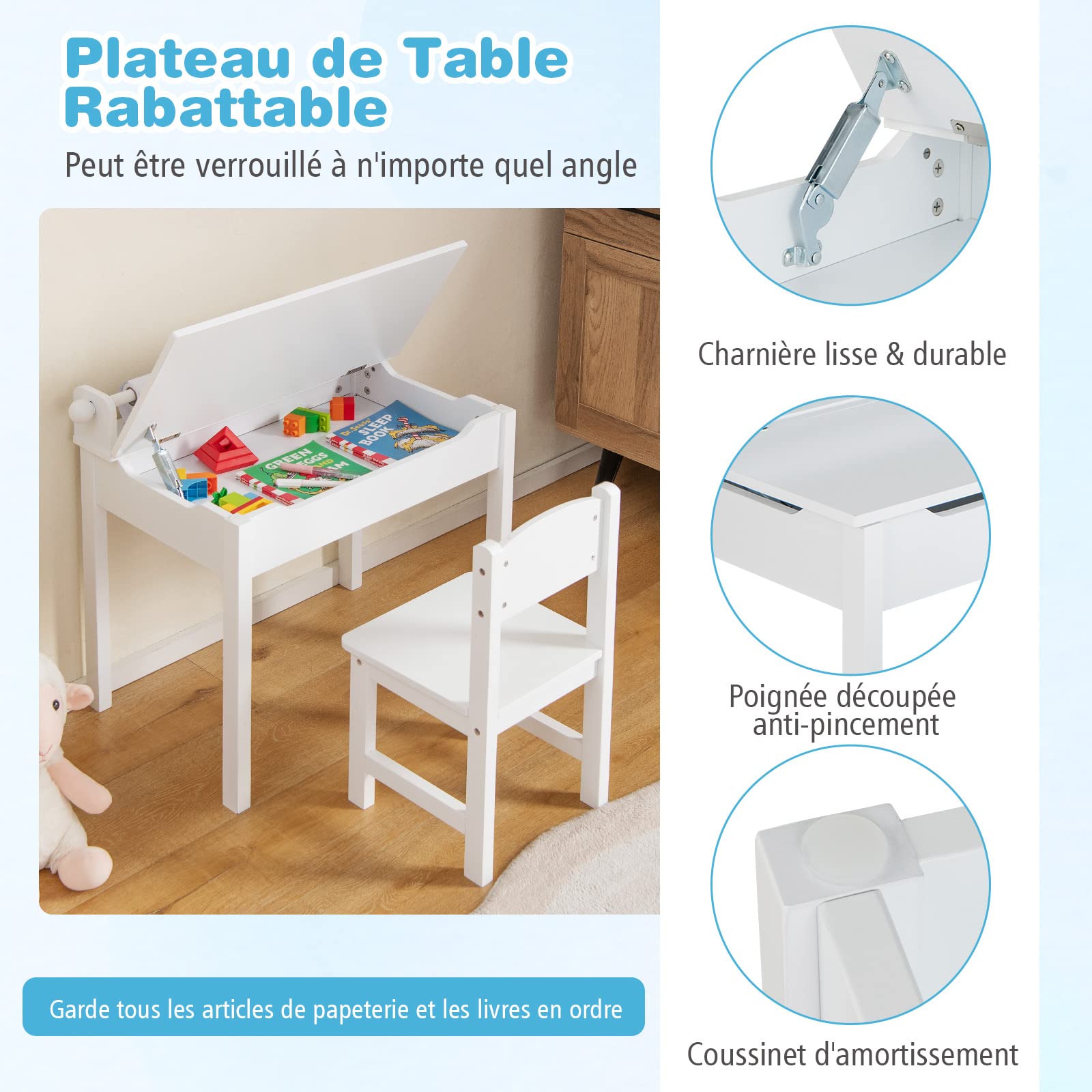 COSTWAY Bureau pour Enfants avec Tabouret & Plateau Rabattable, Table à Dessin en Pin Polyvalent avec Rouleau de Papier, Espace Caché, Poignées Découpées pour Enfants de 3 Ans+ (Blanc)