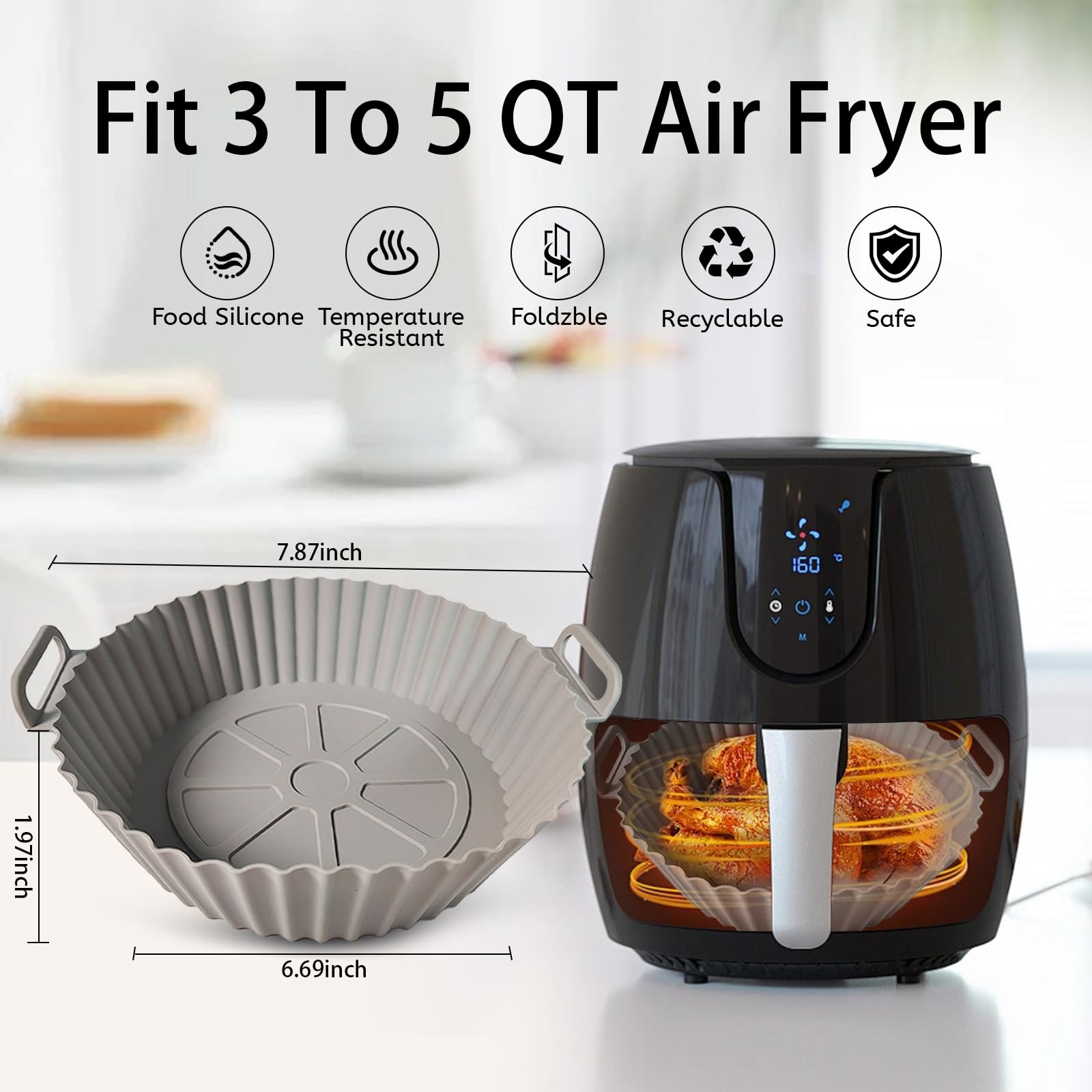 Kookkit 2 Pack Silicone Air Fryer Liners for 3-5 QT, Reusable Oven Microwave Accessories, Better Than Disposable Paper (Gray & Black, 7.87*6.69*1.97 Inches)