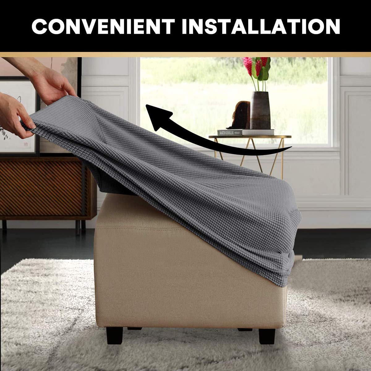 Copri Pouf Elasticizzato, Copridivano, Copertura Dell'Ottomano In Tessuto Elastico Fodera Per Rivestimento Jacquard (Grigio,Large)