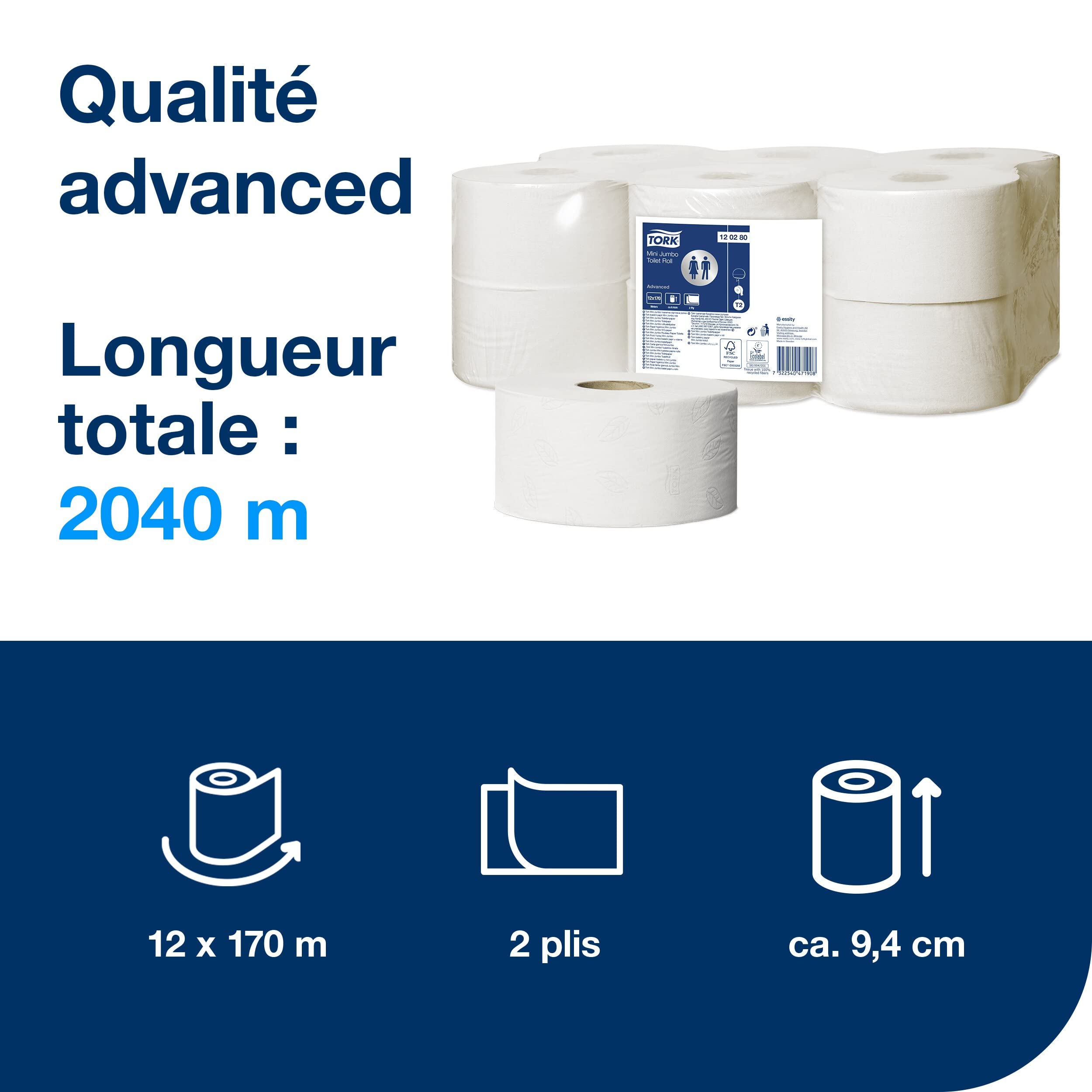 Tork 120280 Papier toilette Mini Jumbo Advanced - Blanc - 2 plis - lot de 12 rouleaux - 12 x 850 feuilles