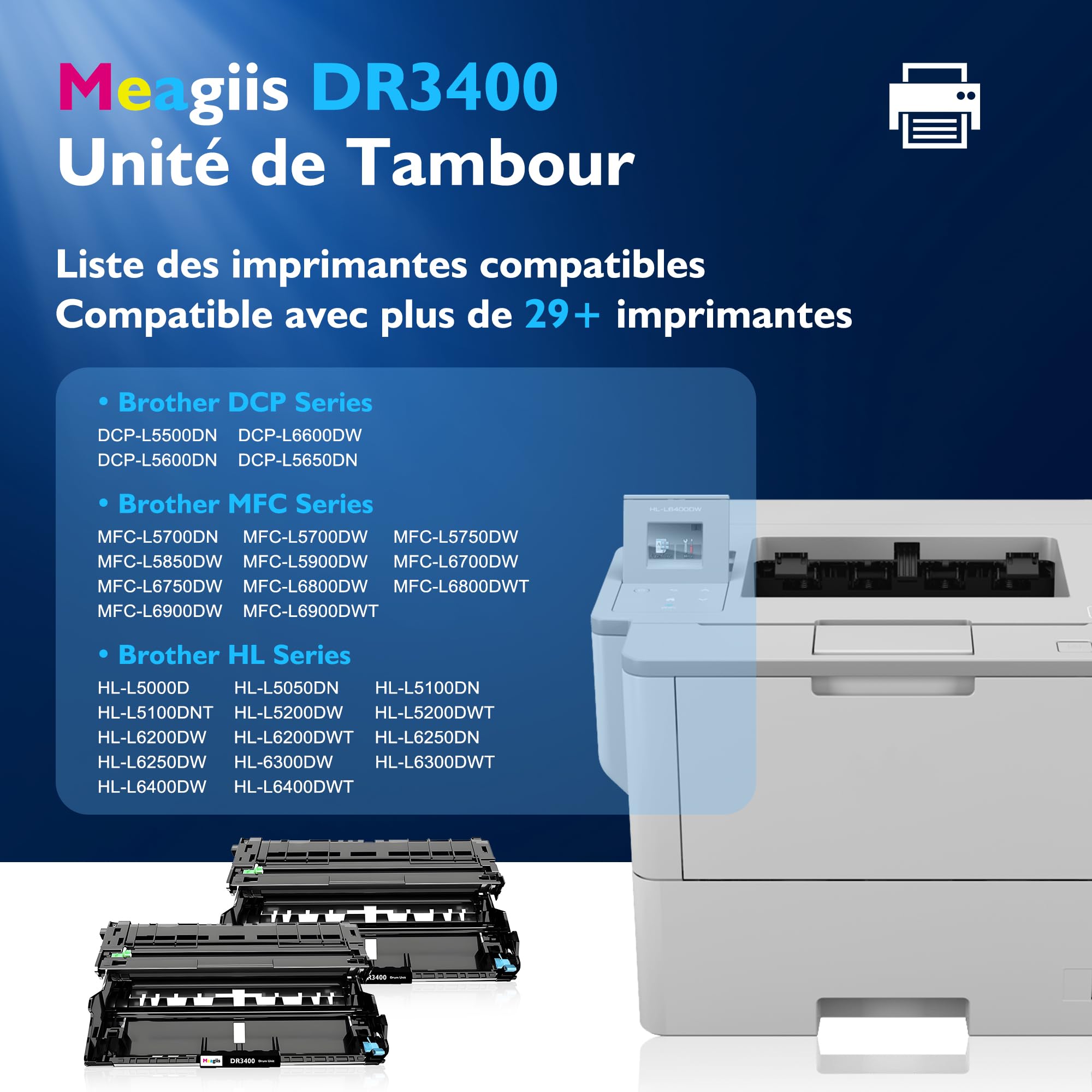 DR3400 Unité de Tambour compatibles pour Brother DR-3400 DR3400 pour Brother HL-L6250DN HL-L5000D HL-L5100DN HL-L5200DWT HL-L6200DW HL-L6200DWT HL-L6400DW HL-L6400DWT MFC-L6700DW (2 Paquet)