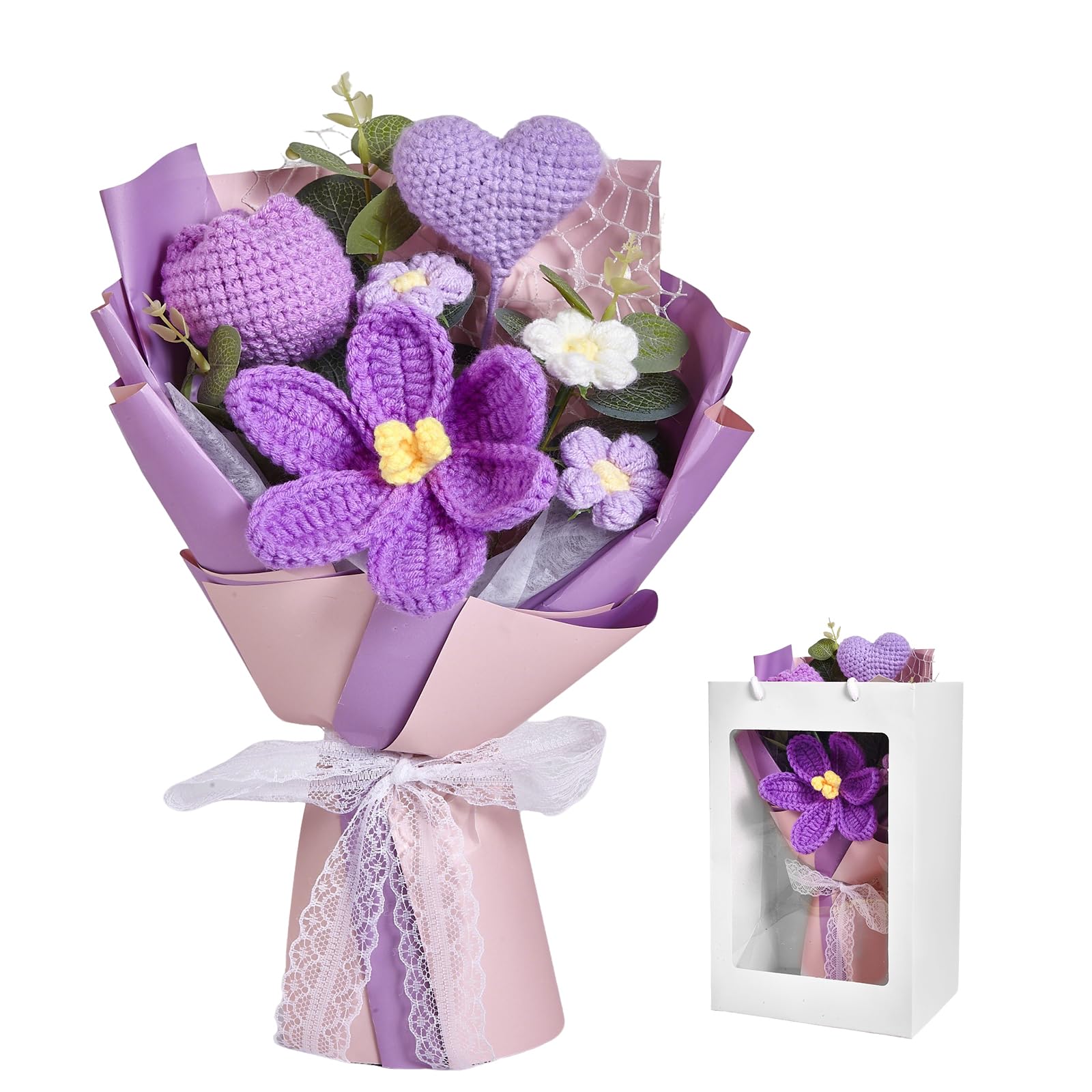 Aigocity Purple-C Crochet Flower Bouquet,Handmade Knitted Artificial Flowers Purple