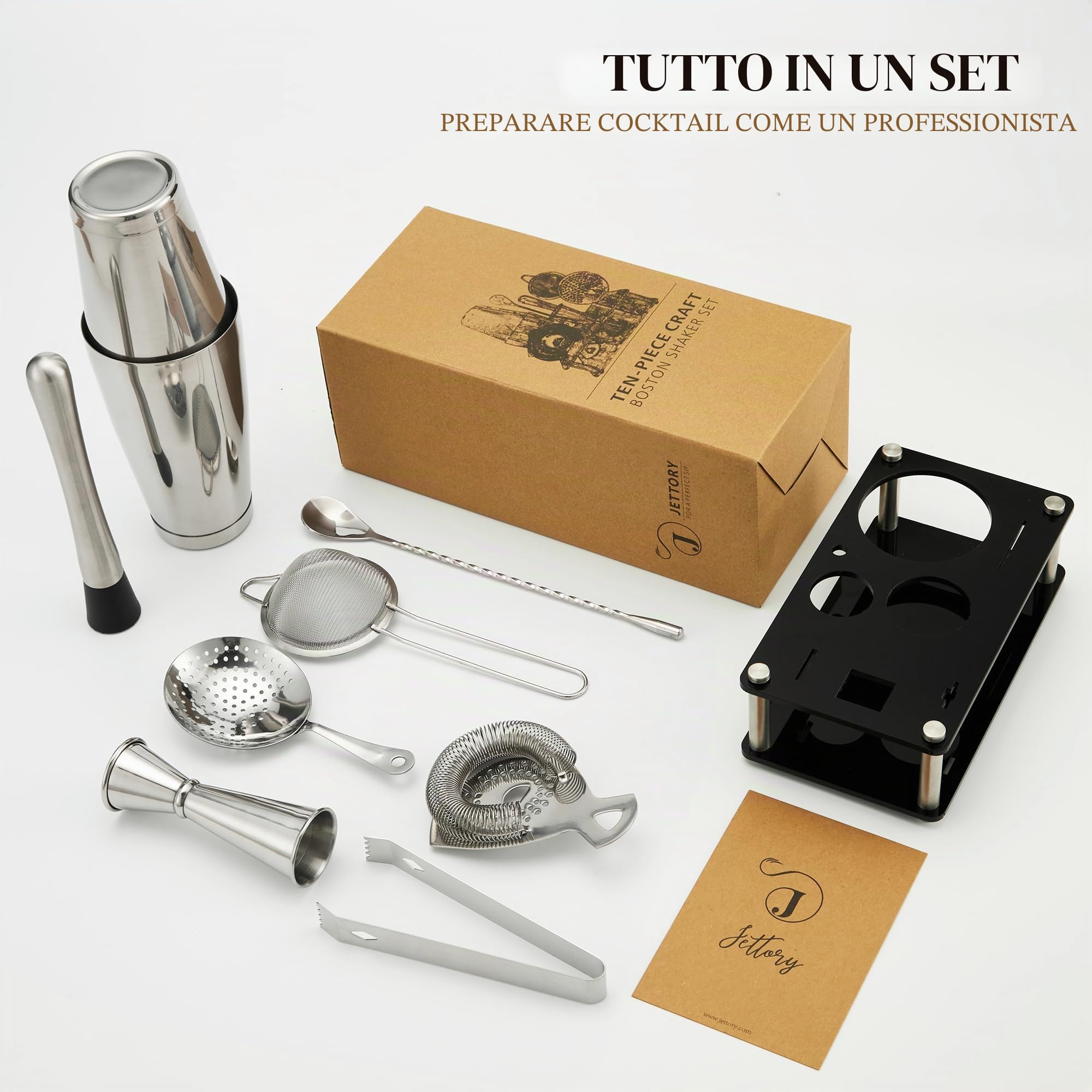 Boston Shaker Set da 10 Pezzi in Acciaio Inox Con Base Acrilica - Colino, Pinza per Ghiaccio, Cucchiaio, Misurino, Pestello - Perfetto per il Bar di Casa (Argento)