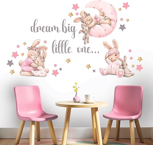 Miniatura 6 de Calcomanías de pared de conejo rosa para habitación de bebé, decoración de pared de conejo, calcomanías de animales para sala de juegos de niños,
