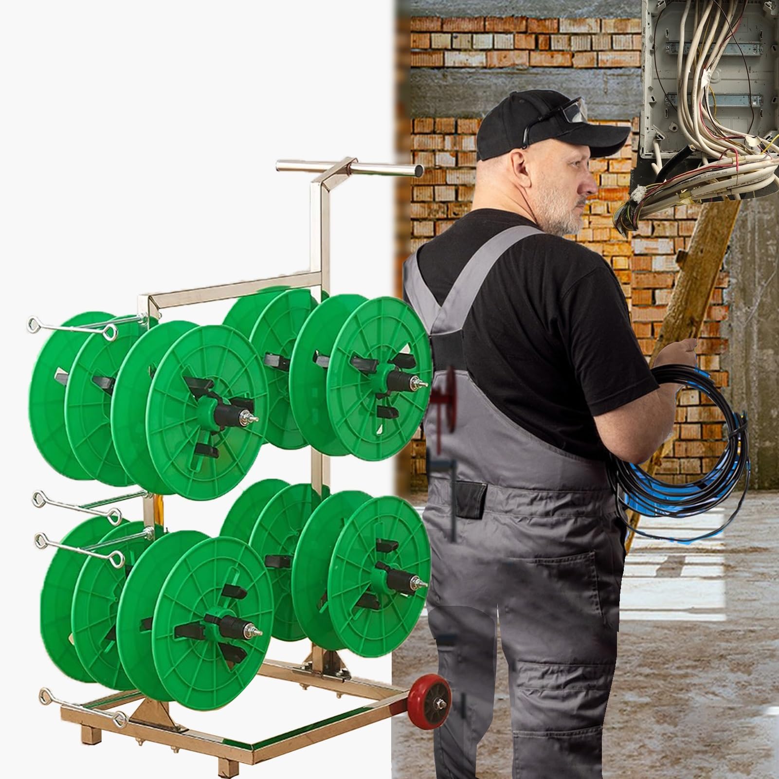 Bobina di filo resistente con 6 assi e anello per cavi, soluzione da pavimento per una gestione efficiente dei fili in camion e fabbriche