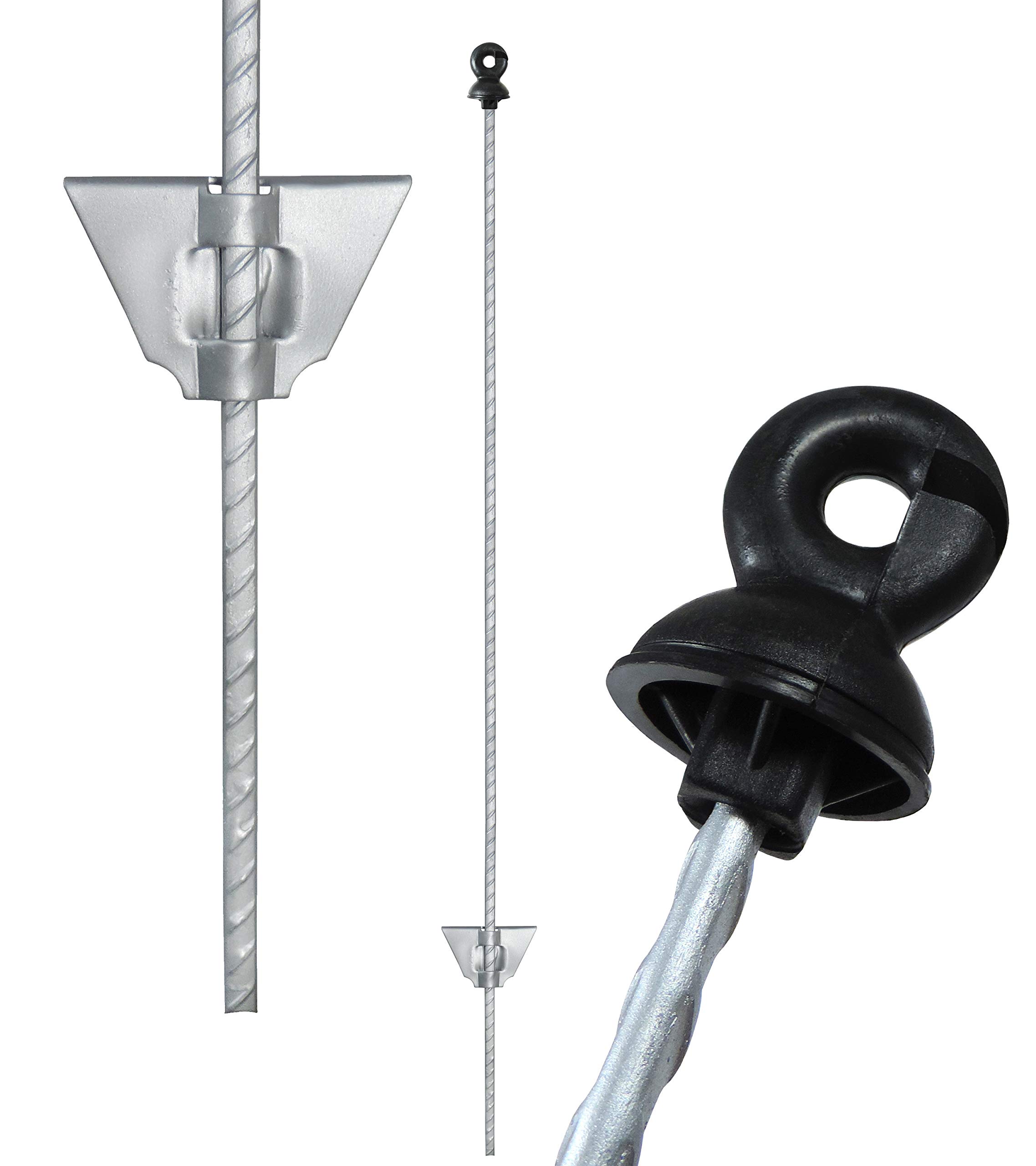 Eider 25x Federstahlpfahl 105 cm, oval, Silber - Ringisolator - Made in Germany - Isolator ist für Seil, Litze oder Draht geeignet - Schweine, Schafe, Rinder und Ponys, Abteilweiden