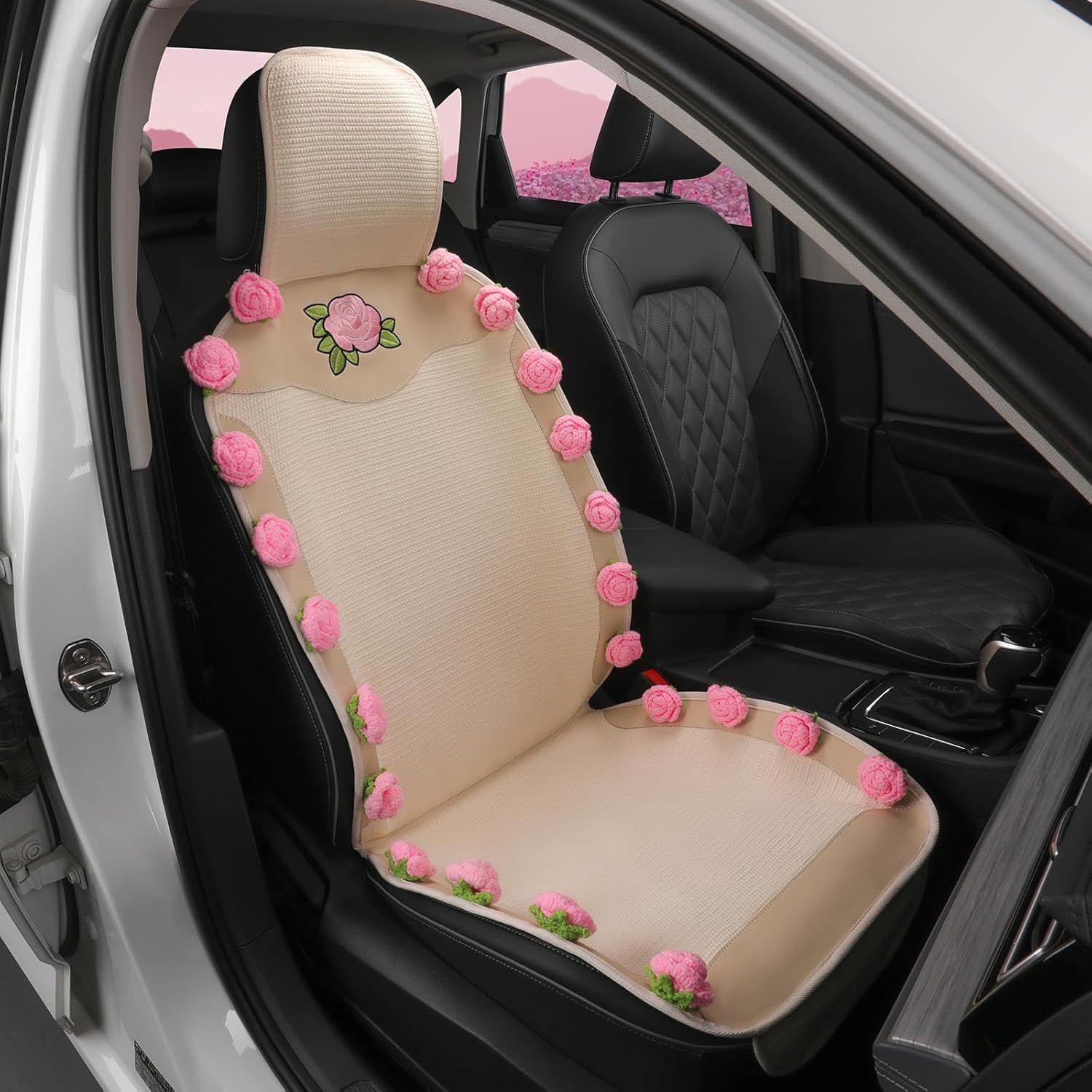 Pink Car Seat Covers,Handmade 3D Pink Rose Floral Seat Protector for Cars,SUVs&Trucks,Universal Luxury Car Interior Decoration,Gift for Women Valentine's Day Gifts (1-Piece)