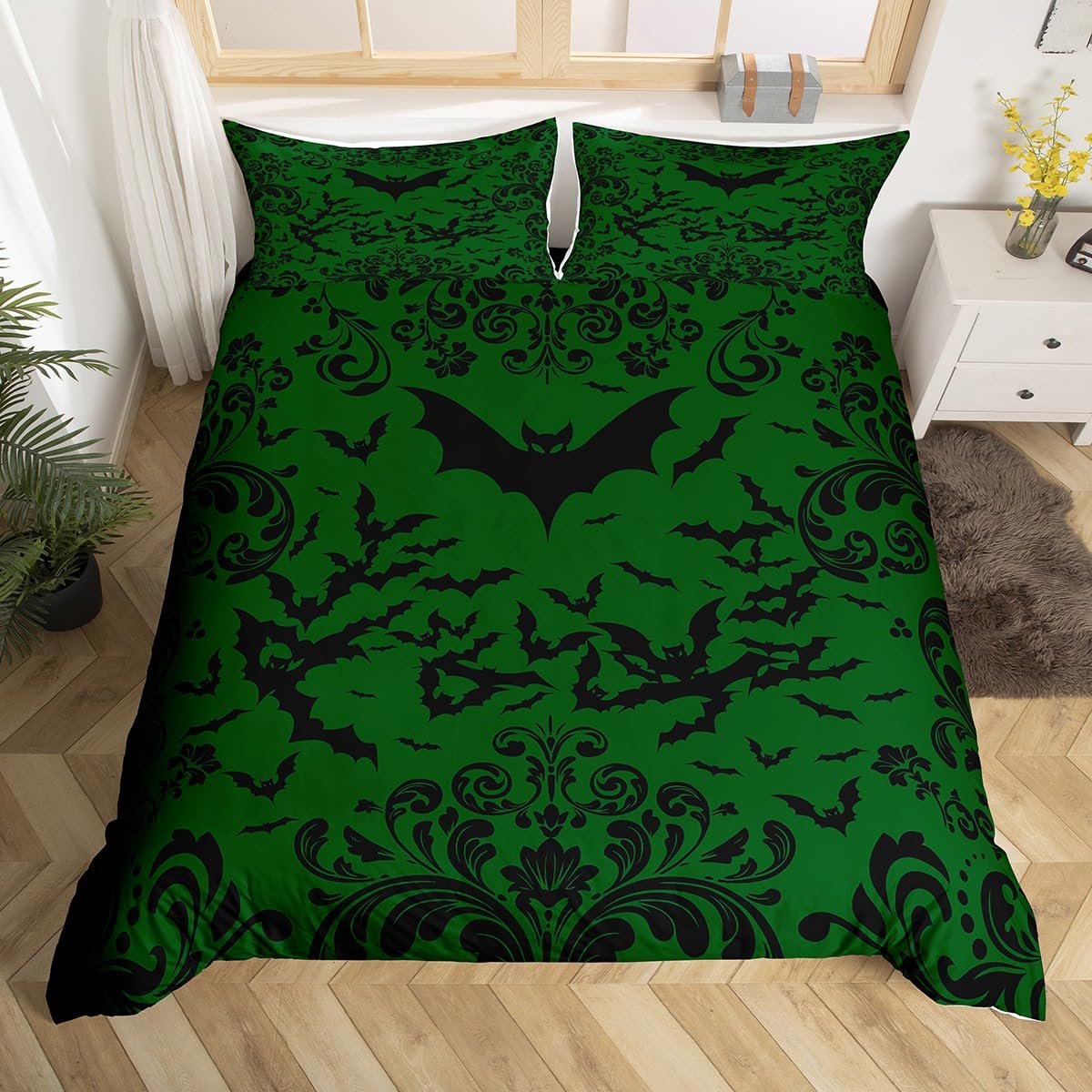Homewish Halloween Bat Comforter Cover King Retro Dark Green Black Gothic Bedding Set for Teen Boys Adults Men,Goth Damask Flower Duvet Cover Halloween Floral Animal Quilt Cover Horror Room Decor