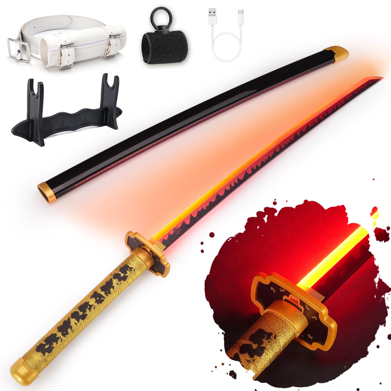 RENGENG Light Up Sword, 40 Inches Rechargeable Plastic Replica with Belt & Stand, Sword with Original Texture