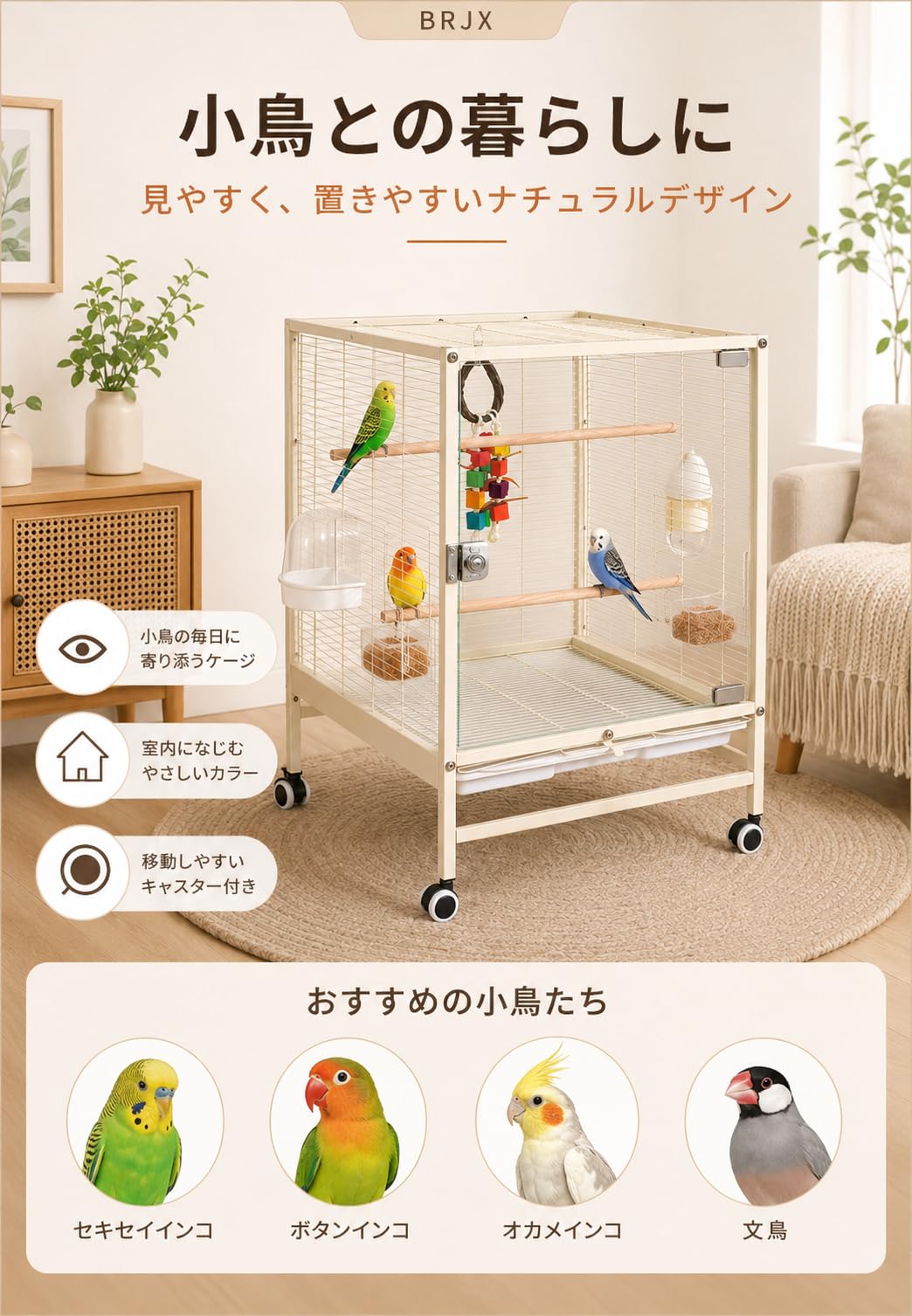 Amazon | BRJX 鳥かご 角型 透明ガラス扉 キャスター付き 引き出し