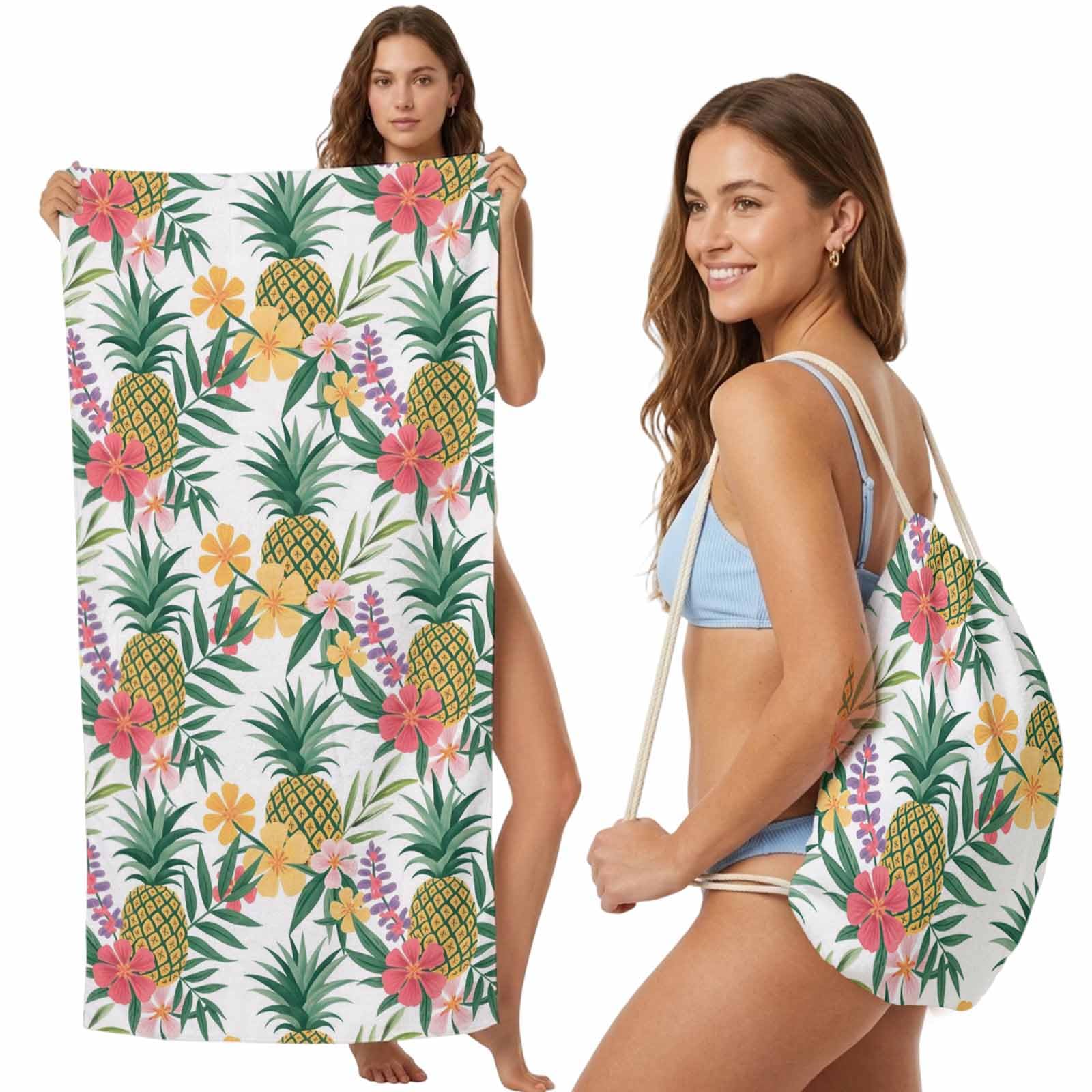 FWJZDSP Beach Towel Backpack, Watercolor Flower Pine Fruit 2-in-1 Foldable Soft Microfiber Quick Dry Beach Towel 31.5x63in Tropical Leaves Floral Lightweight Pool Towels Bag for Travel, Yoga, Gym