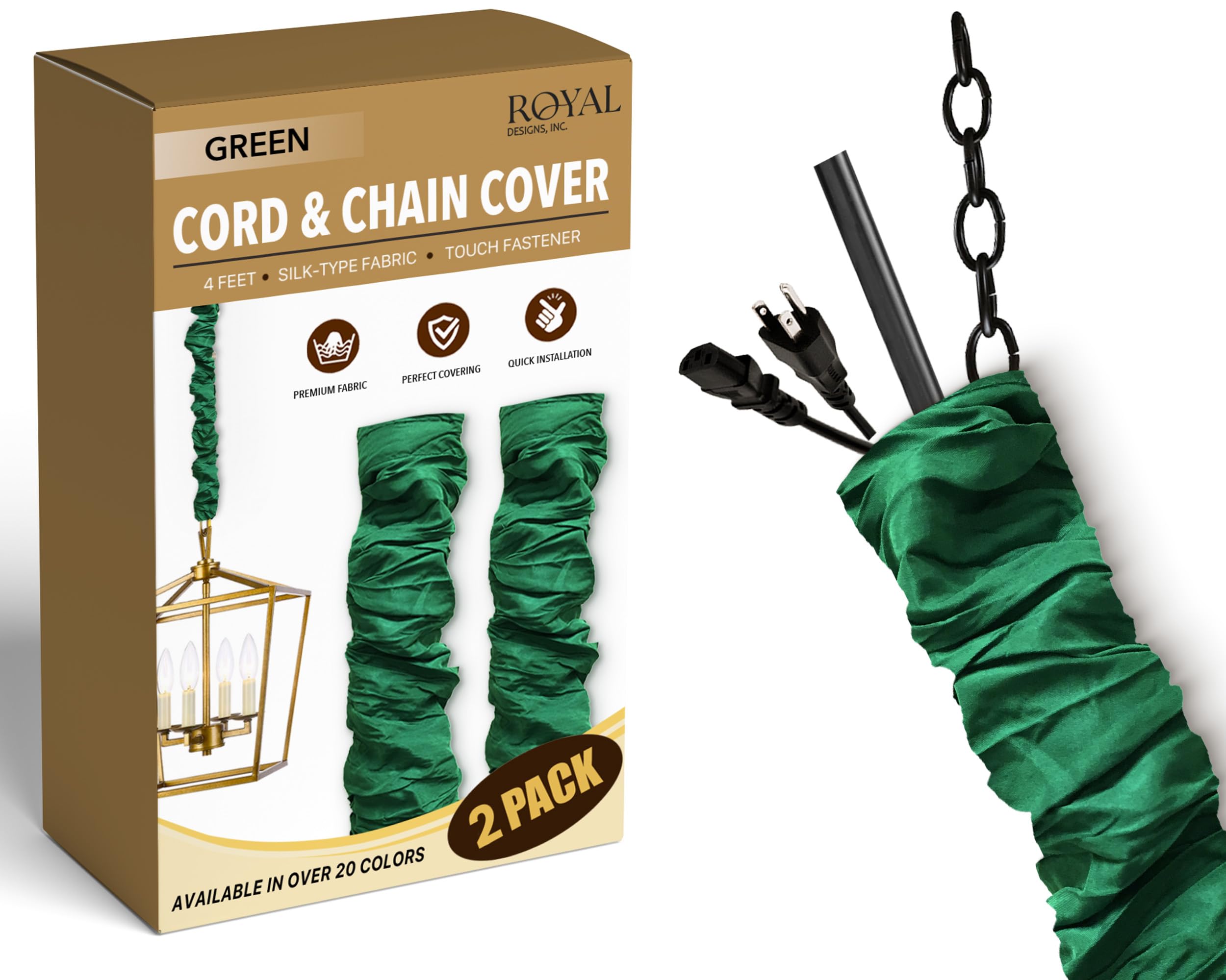Royal Designs, Inc. Cord &amp; Chain Cover 4 ft Silk Type Fabric, Chandelier Pendant Lighting Chain &amp; Cable Management, Touch Fastener, Green - 2 Pack