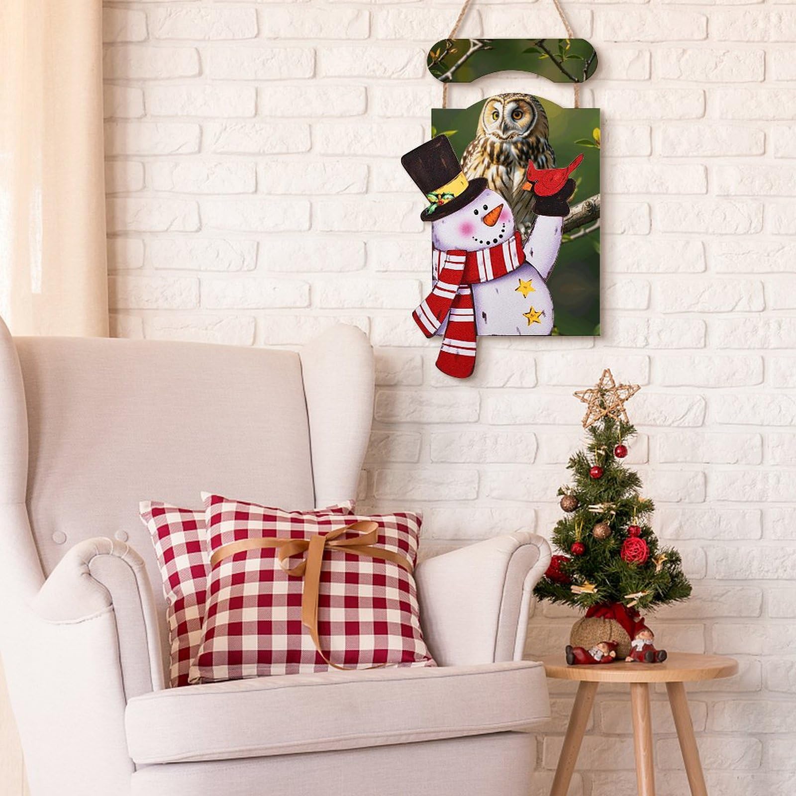 VFKLT Decorazione da parete con pupazzo di neve di Natale, immagine in legno da appendere, decorazioni invernali, dipinti di gufo, rami di albero stampati, pittura decorativa natalizia decorazione da