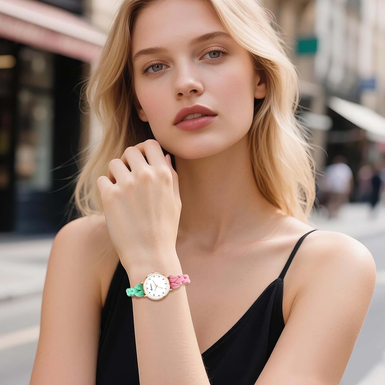 JewelryWe Reloj Analógico Elástica Mujer: Relojes de Pulsera Redondo de Cuarzo con Banda para el Pelo Escala de Números Arábigos Correa Extensible - para Ocio Decoración Regalo