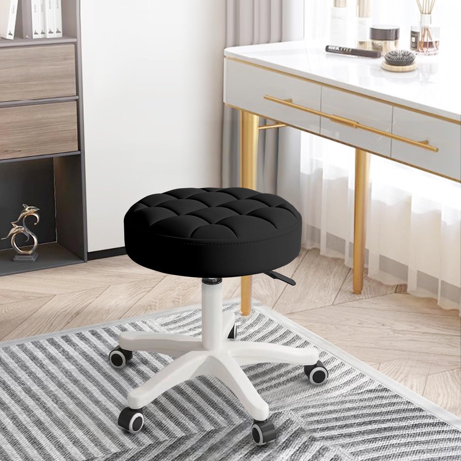 Ergonomiczne, okrągłe krzesło biurkowe, bez podłokietników, regulowane, ze skóry PU, do makijażu i stołka komputerowego, obrotowe, z regulacją wysokości, do pracy i spa, czarne bez oparcia