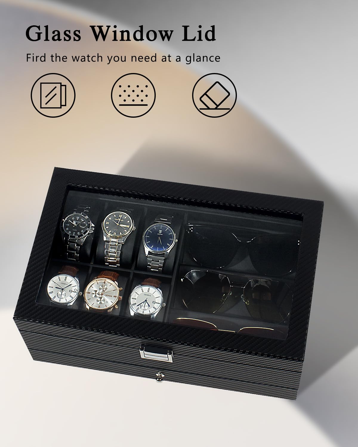 Caja de reloj, caja de reloj con 6 ranuras, organizador de gafas de 3 compartimentos, joyero para hombre con tapa de cristal transparente, doble capa con cerradura de llave, regalo, color negro