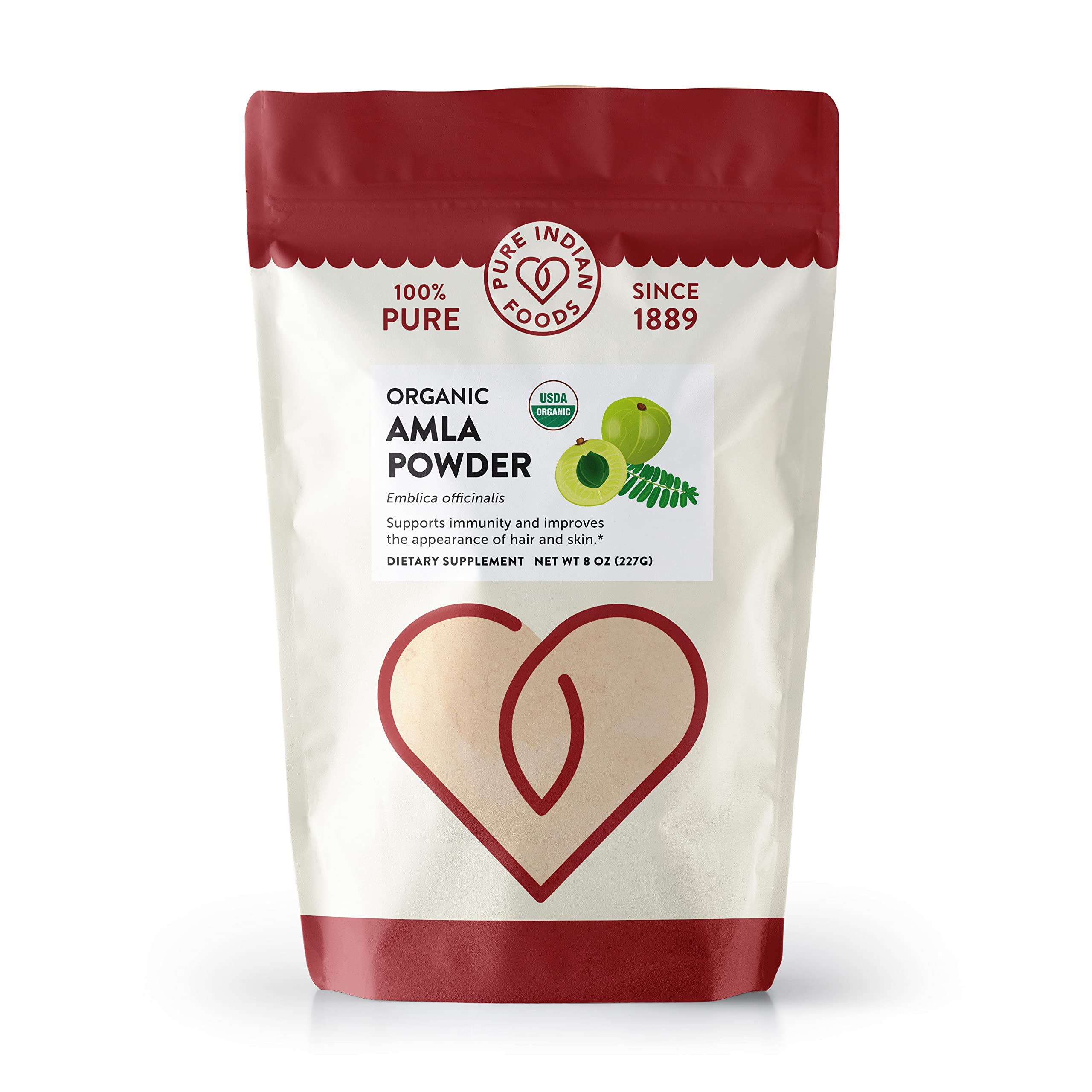 Pure Indian Foods Organic Amla Powder, 8 oz, Water-Soluble Amalaki, Ayurveda Dietary Supplement Dissolves Completely in Water, Perfect for Capsules