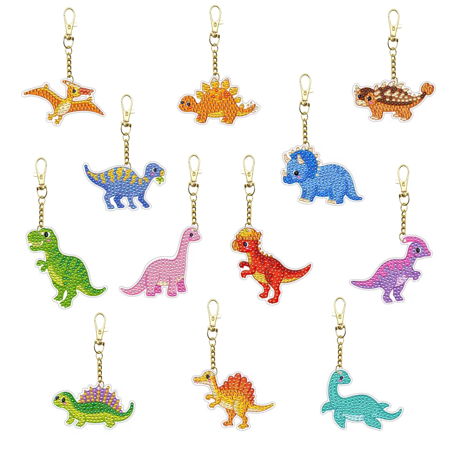 CavspkArt Diamond Art Painting Kit - 12 Pcs DIY Full Drill Keyrings with Cute Dinosaur Theme, 5D Acrylic Keychains Paint for Kids with Tools