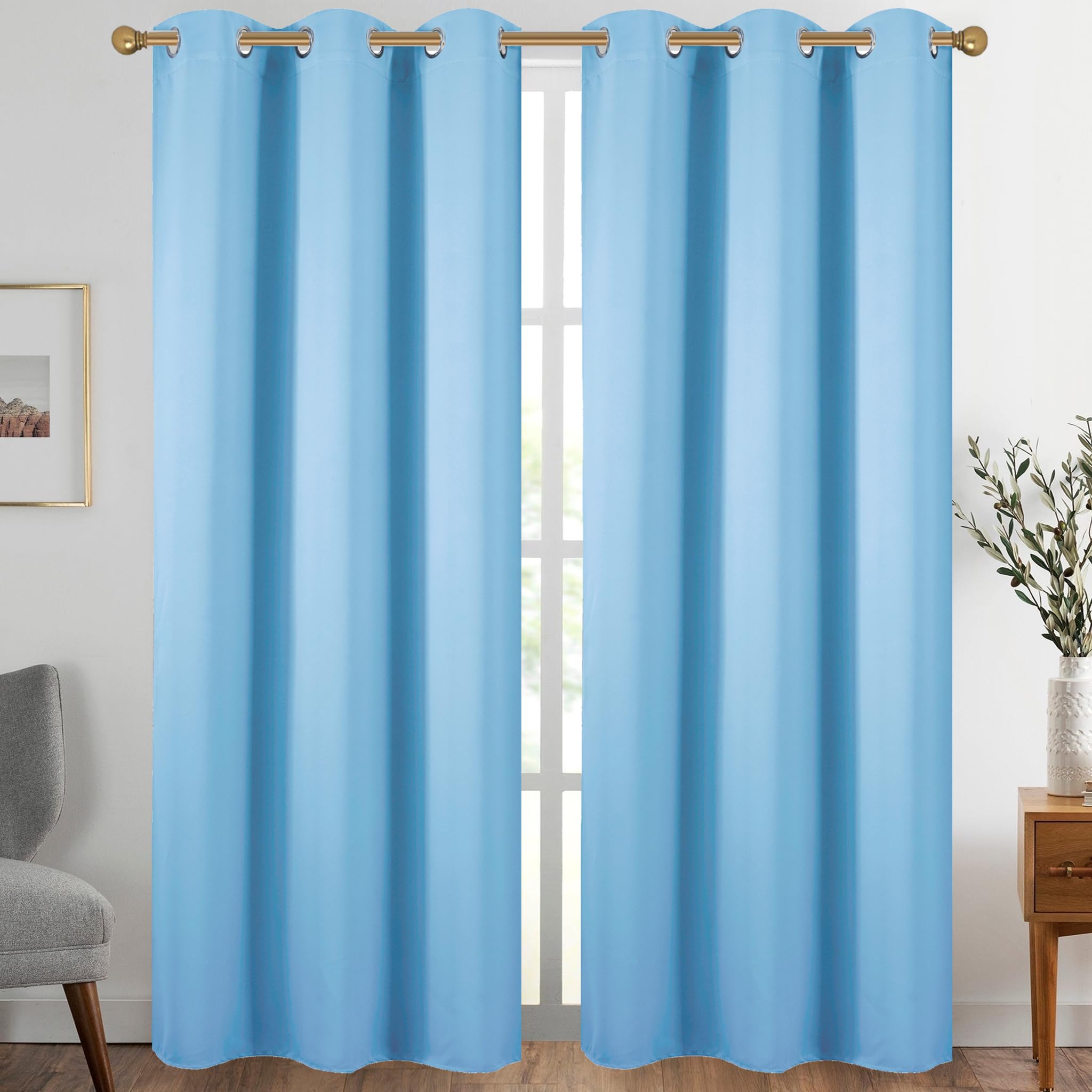 Diraysid Sky Blue Grommet Blackout Curtains for Bedroom Thermal Insulated Room Darkening Curtains Drapes, 42 x 84 inch, 2 Panels