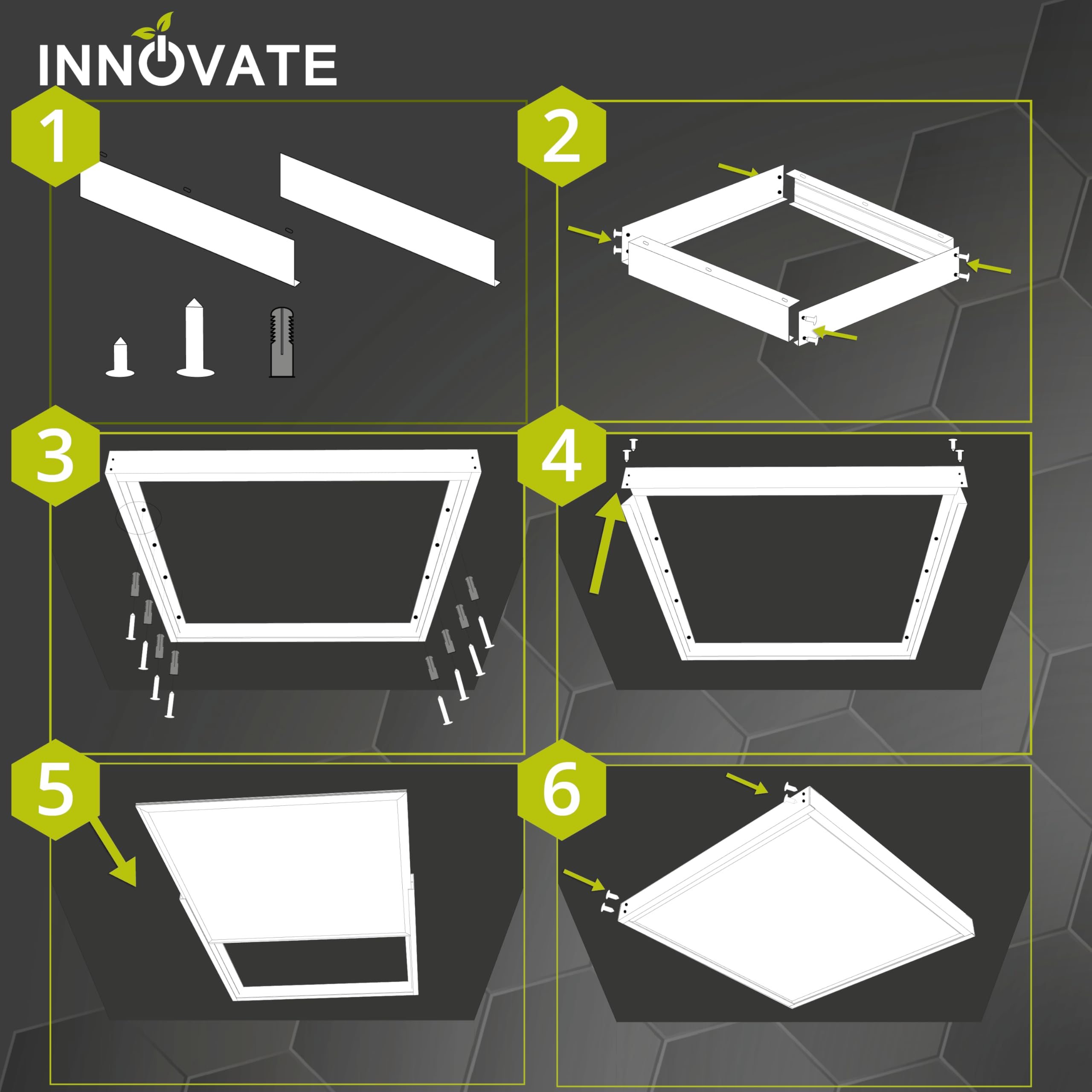 INNOVATE Panel LED 62x62 [Panel retroiluminado LED Plafón regulable con transformador] Lámpara de techo Panel LED Lámpara de techo empotrada Escritorio (marco de montaje, 3)