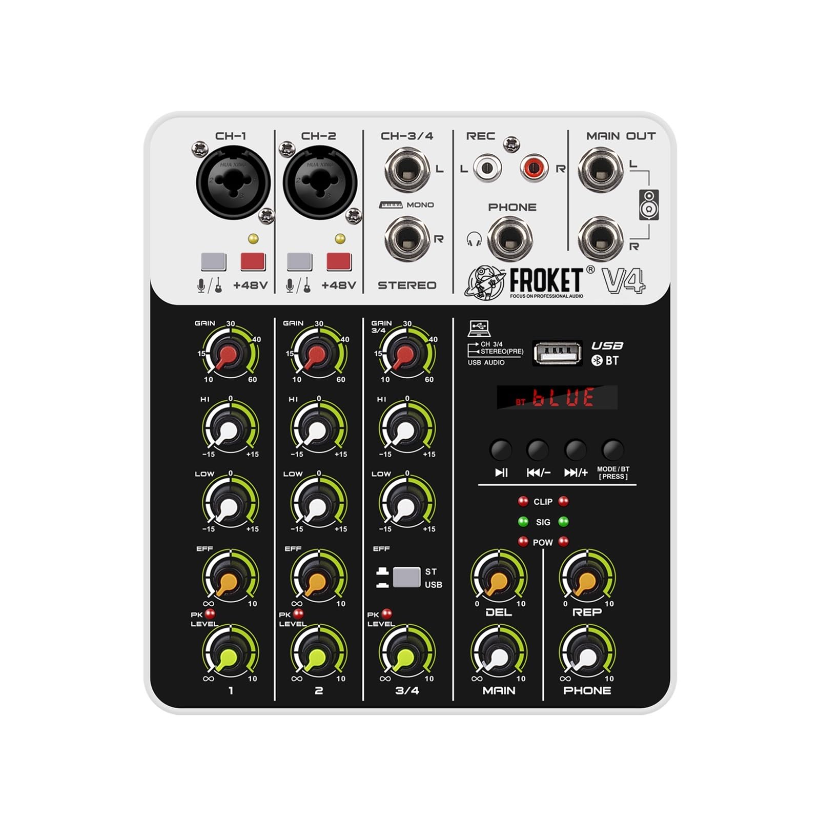 Mikser DJ-ski, V4 Mikser DJ Kontroler Miksowanie Bluetooth Phantom Power Delay Repaeat Efekt Do Miksowania Dźwięku Konsola Nagrywanie PC(V4)