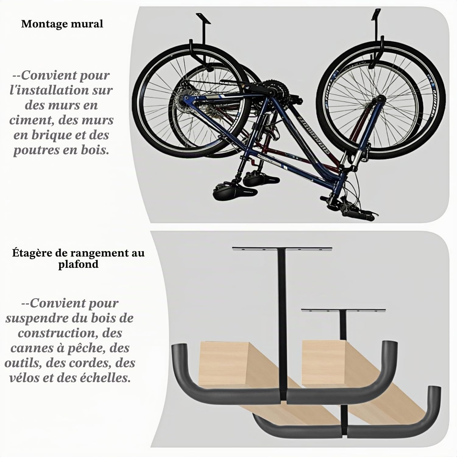 Crochets de rangement de garage aérien, double support de plafond robuste pour bois d'œuvre, échelles, vélos, pneus et autres articles volumineux (2, 42 cm)