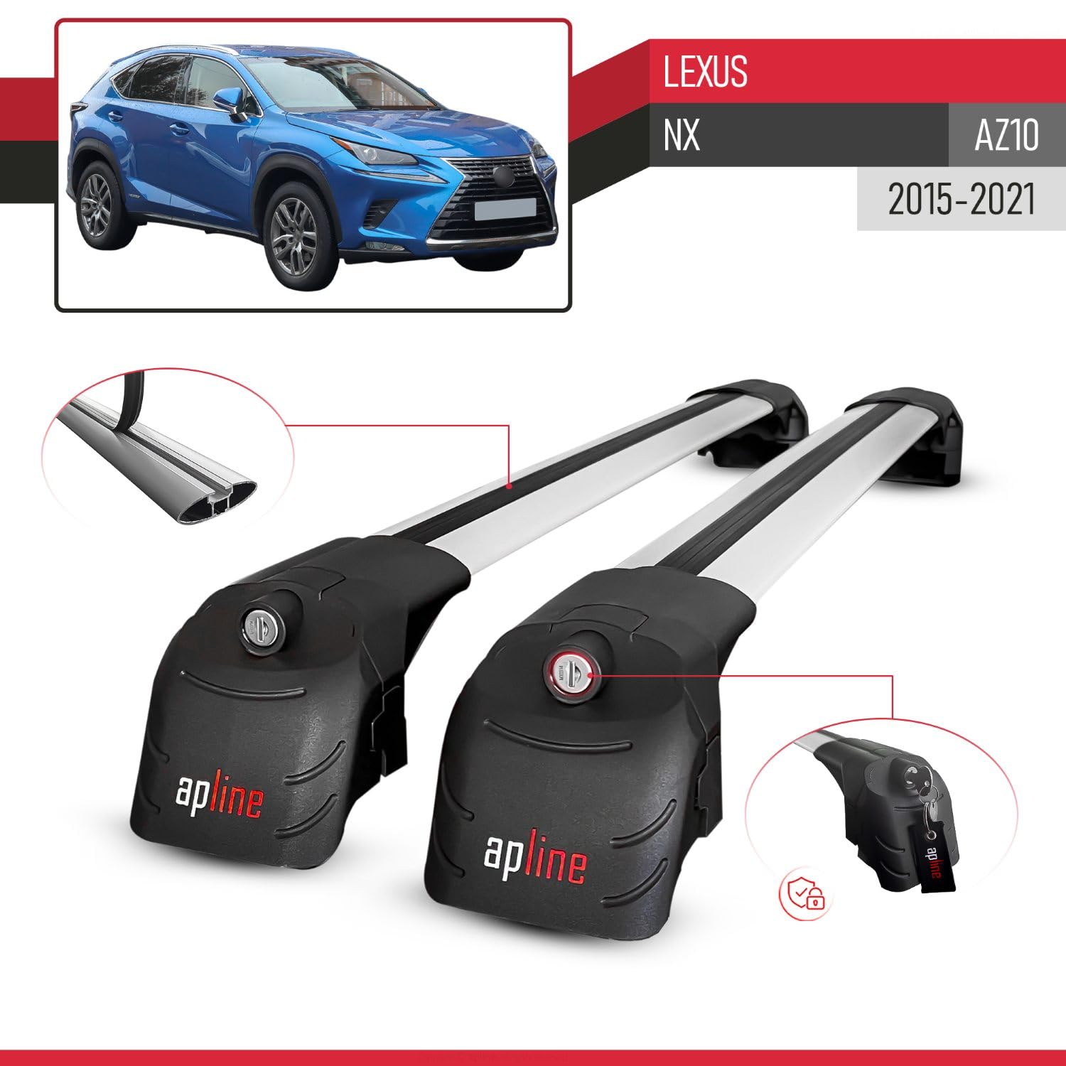 Kompatybilny z Lexus NX 200 NX 300 (AZ10) 2015-2021 model ACE-2, bagażnik dachowy, bagażnik, szary, aluminium, 2 drążki