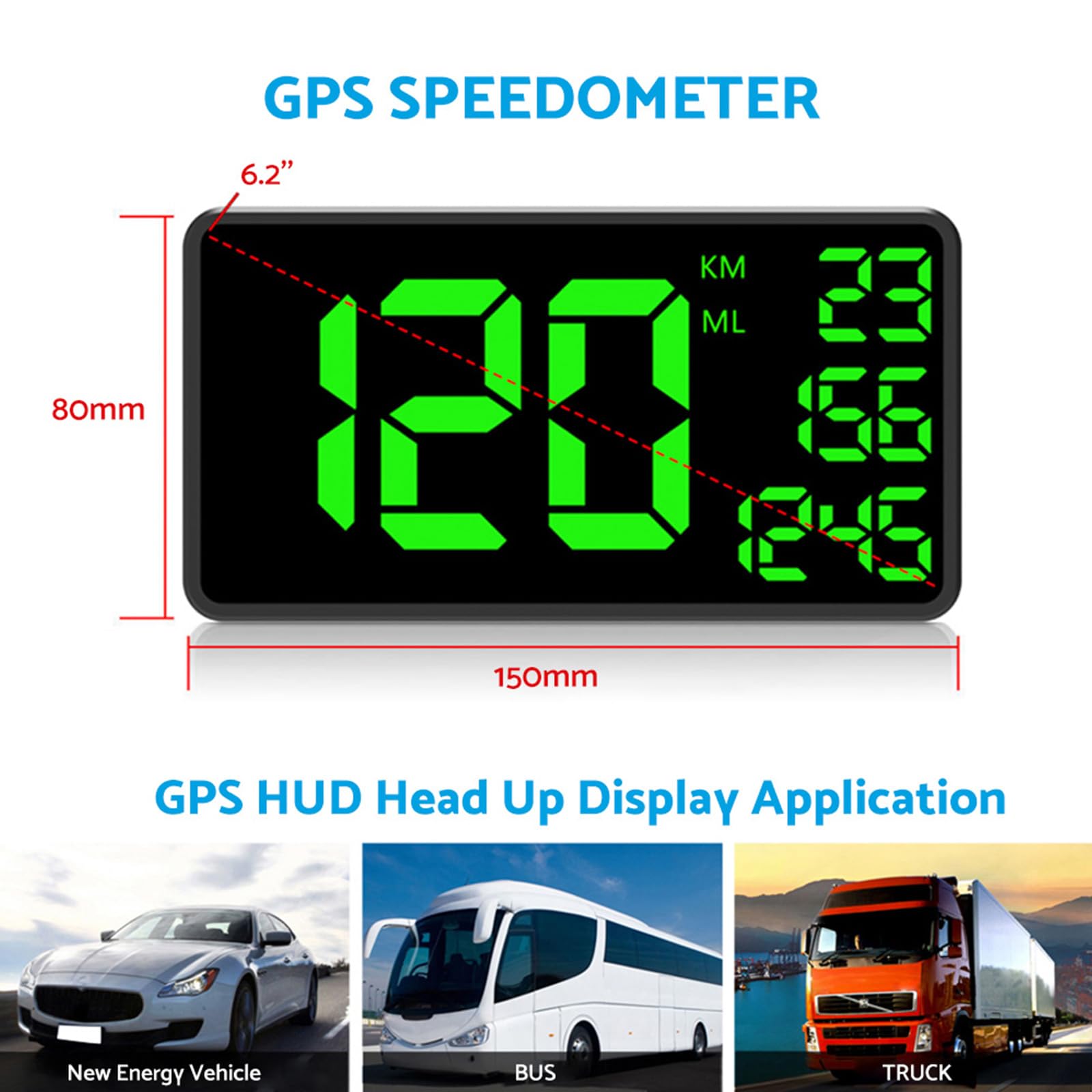 ALINREDBX 6.2'' GPS Speedometer Extend Digital Display MPH/KMH Vehicle Odometer Trip Meter Course Overspeed Alarm