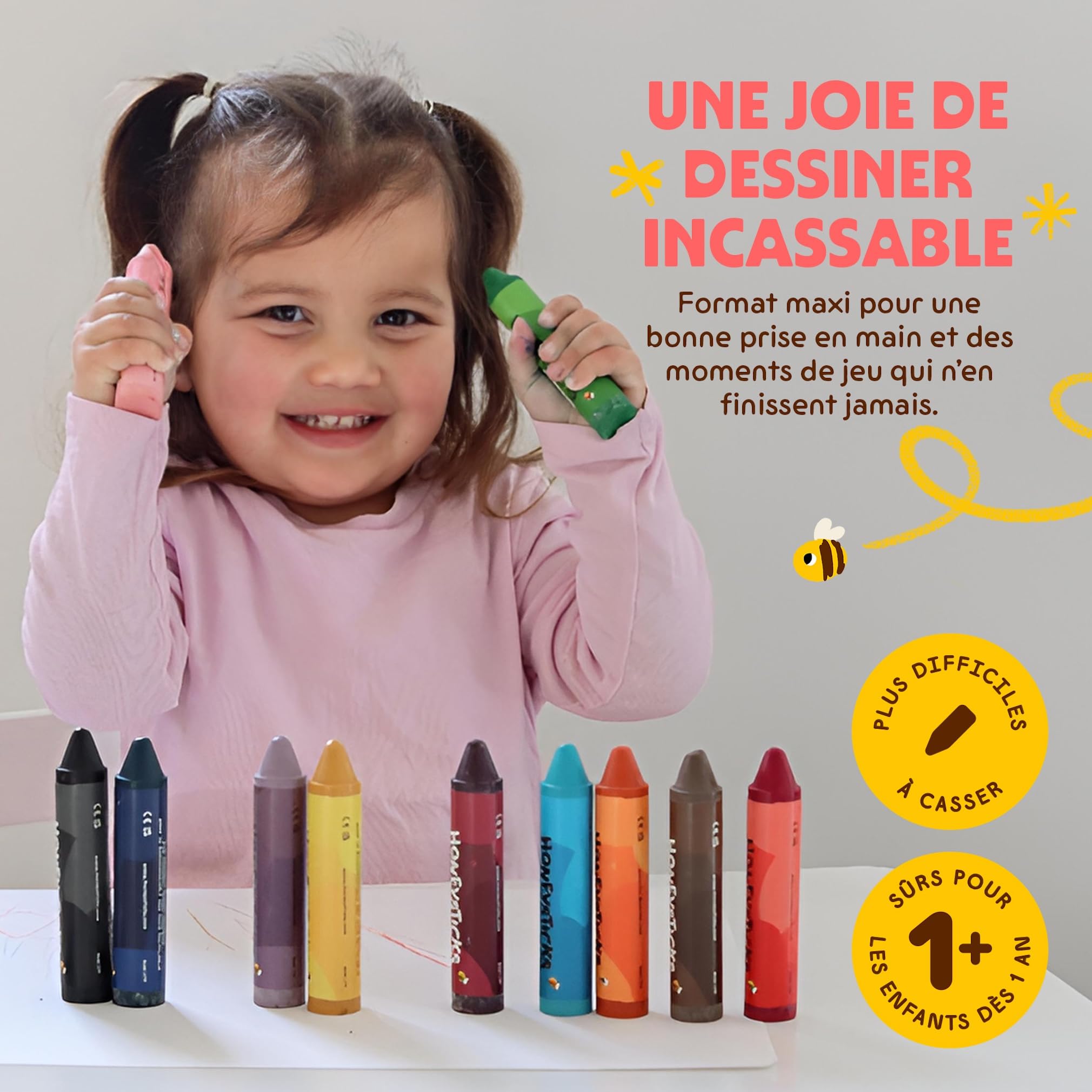 Honeysticks crayons super jumbo (12 unités) - 100% cire d'abeille, couleurs alimentaires, non toxiques, incassables, extra grands, faciles à tenir, écologiques, 1-3 ans