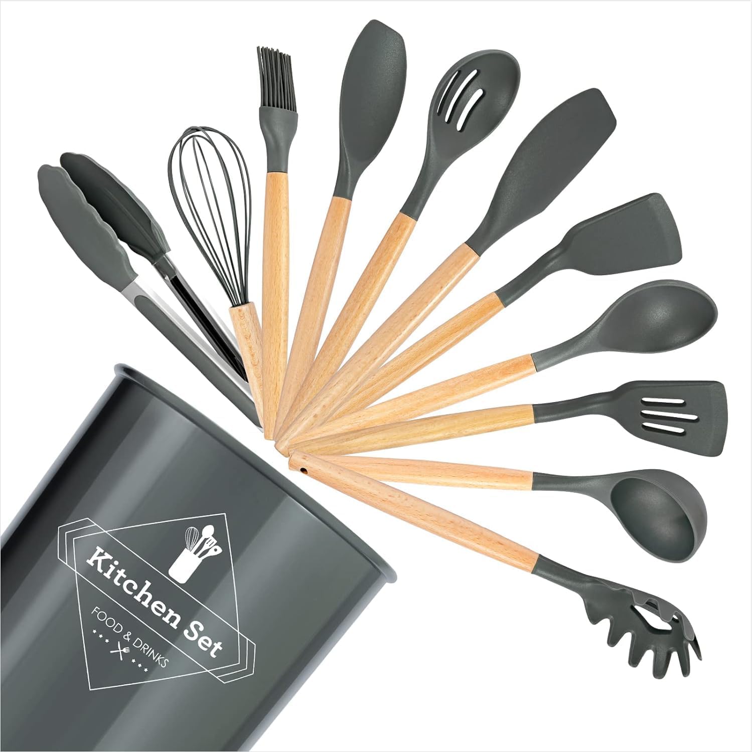 Relax CompanySilicone Cooking Kitchen 12 PCS Set Wooden Utensils Tool for Nonstick Cookware Cooking Set with Bamboo Wood Handles for Non Toxic Turner Tongs Spatula Spoon Set