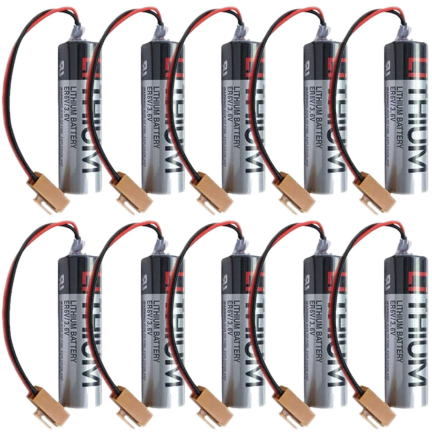 BATTEMALL (10pcs/Pack) 2400mAh ER6V/3.6V ER6V C119B ER6VC119A PLC Battery for M64 System and CNC Machine with Brown Plug Non-Rechargeable Lithium Battery
