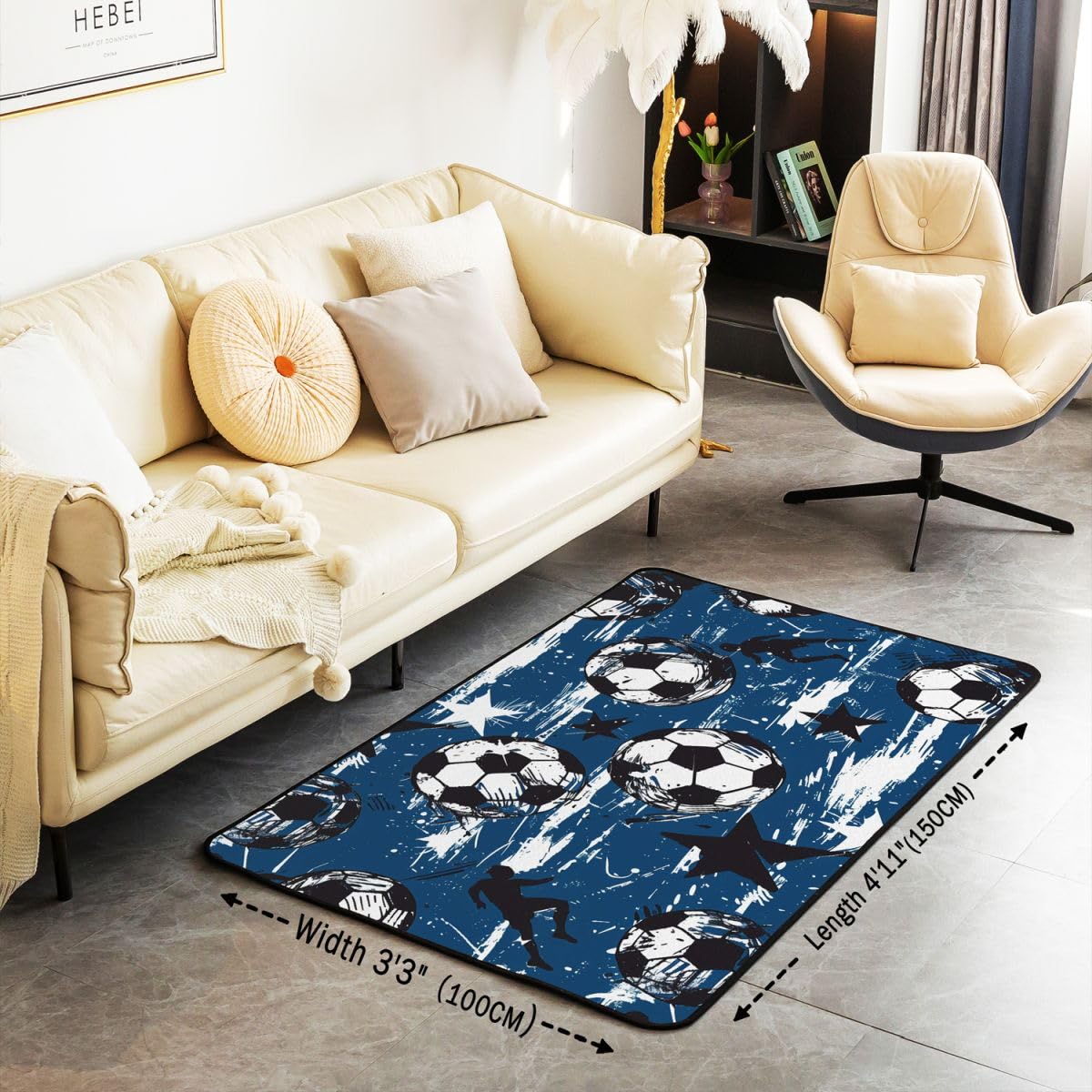 Fußball Drucken Wohnzimmer Teppich 100x150cm Schwarz Weiß Einfaches Fußball Sport Theme Schlafzimmerbereich Teppich für Kinder Teens Geometrische Sterne Weiß Graffiti Blau Indoor Matte Heimdekor